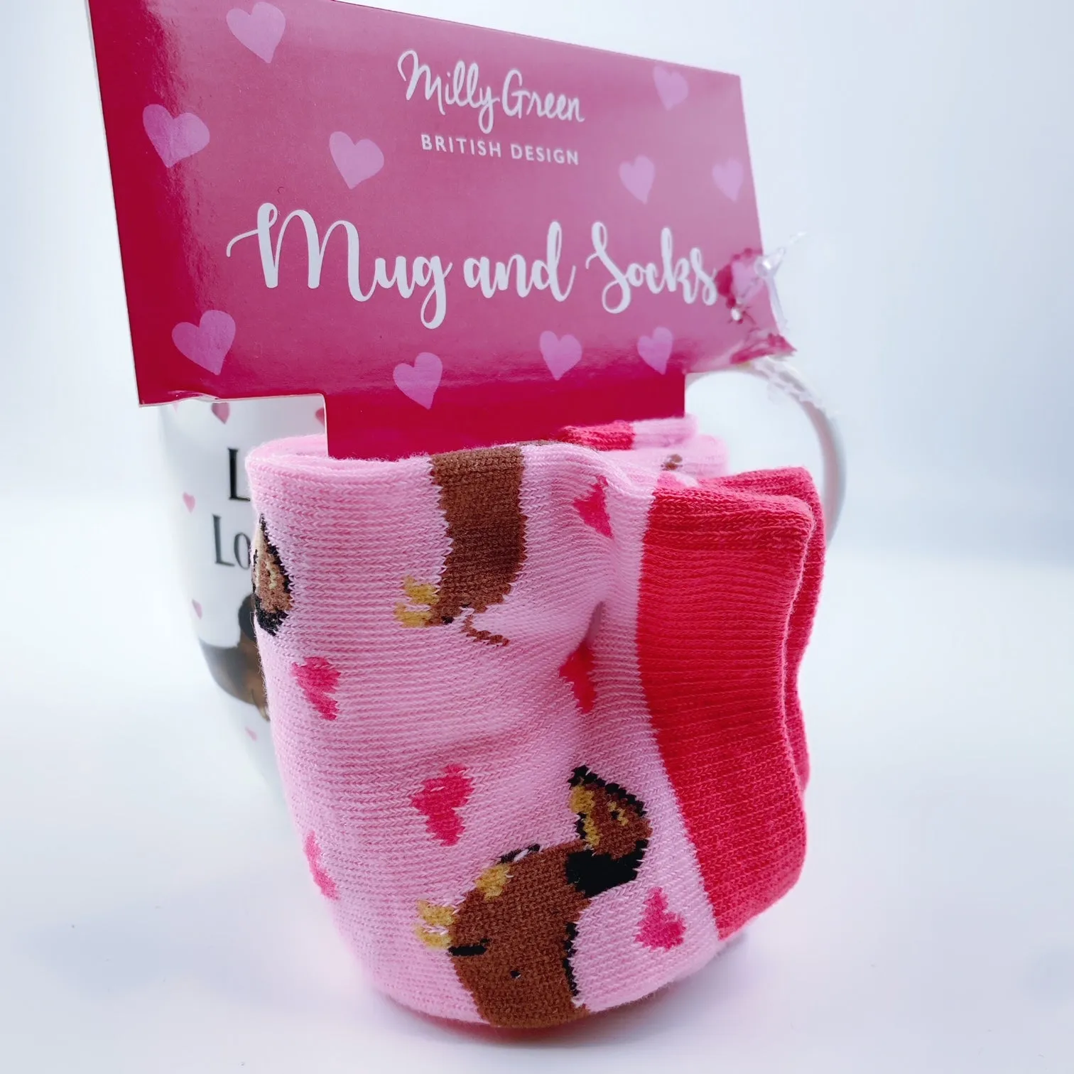 Milly Green British Design Love You Long Time Dachshund Dog Coffee Mug Tea Cup With Sock Set