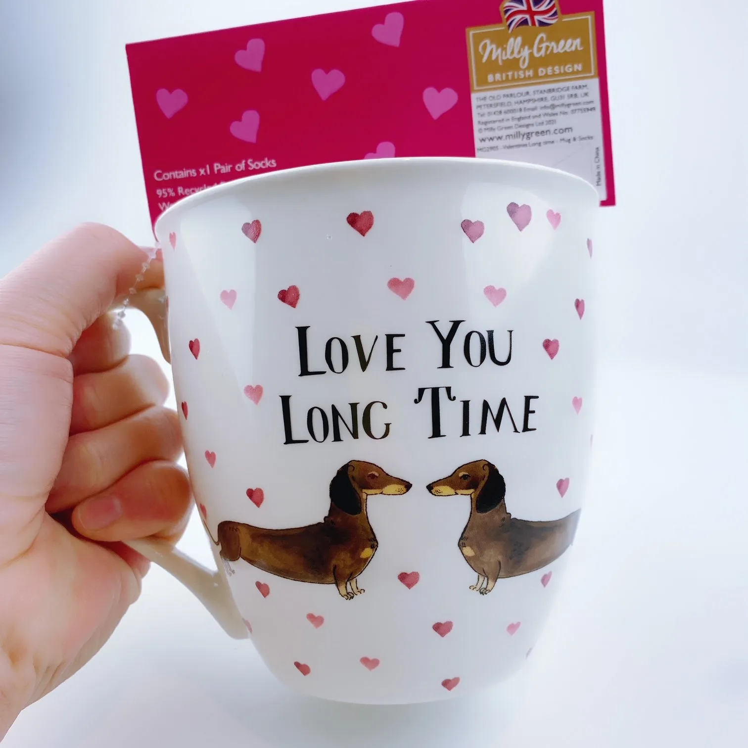 Milly Green British Design Love You Long Time Dachshund Dog Coffee Mug Tea Cup With Sock Set