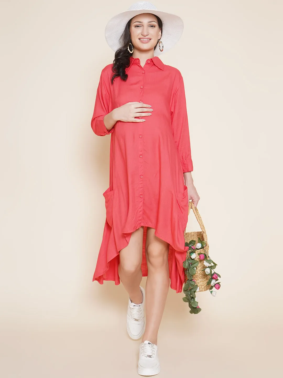 Mine4Nine Women's Solid Orange Shirt Collar Maternity & Nursing dress