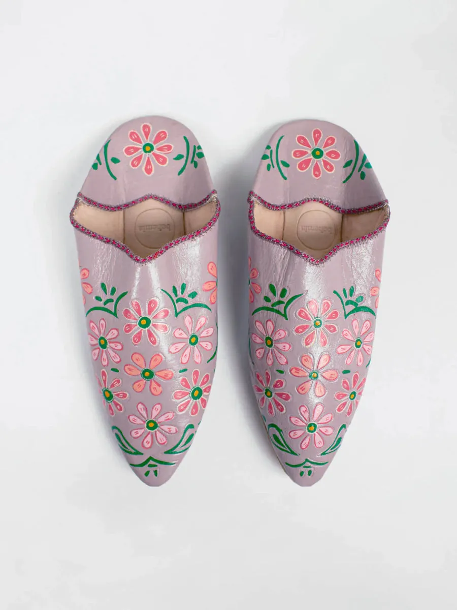 Moroccan Leather Babouche Slippers in Pink - Handpainted