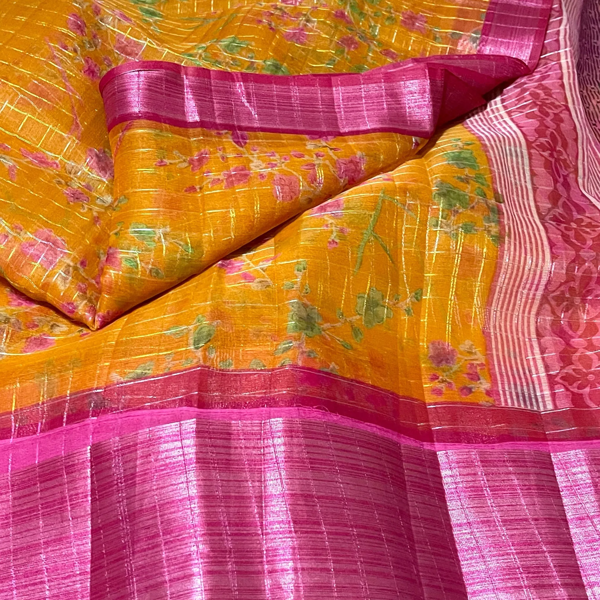 Mustard Yellow and Pink Floral Organza Saree with stitched blouse