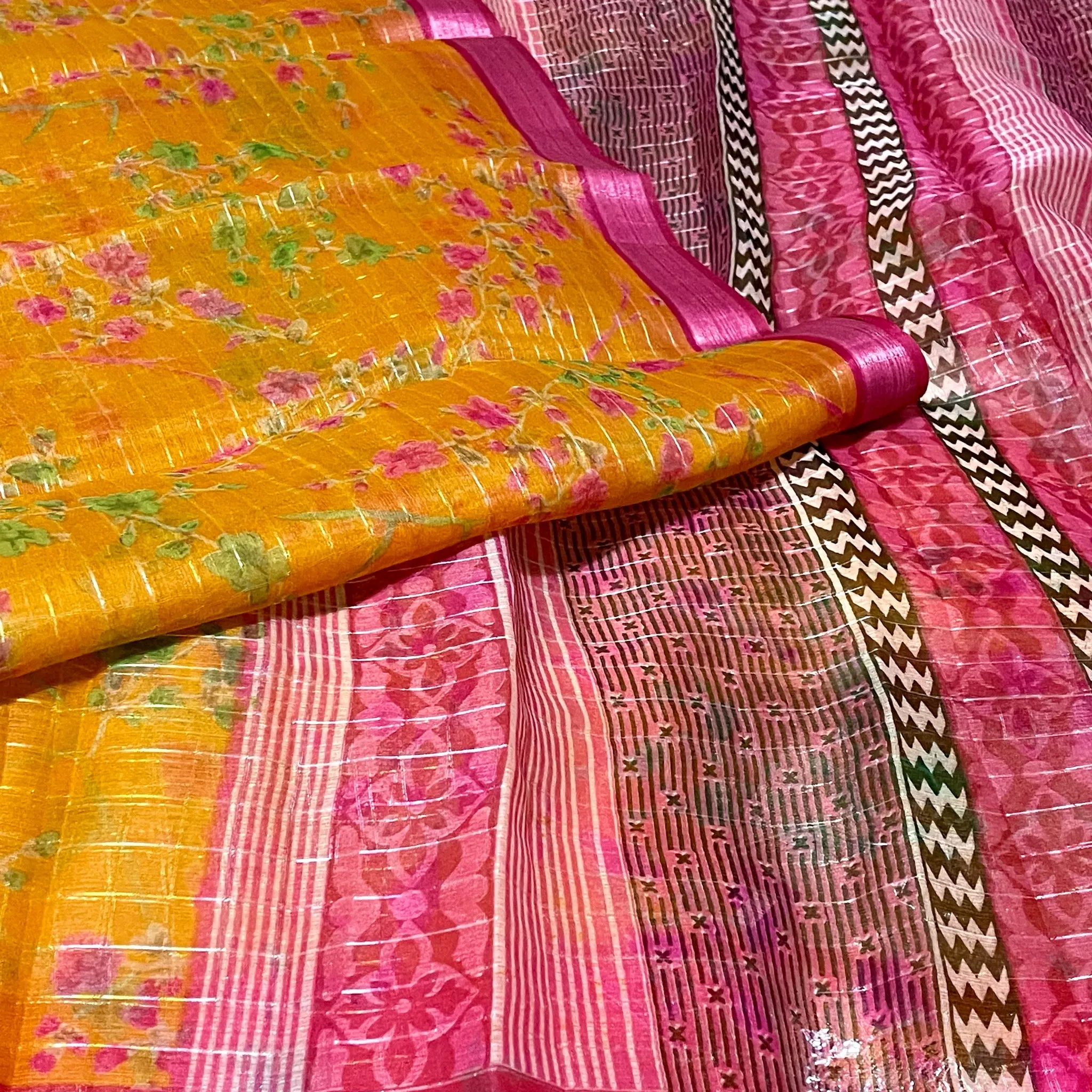 Mustard Yellow and Pink Floral Organza Saree with stitched blouse