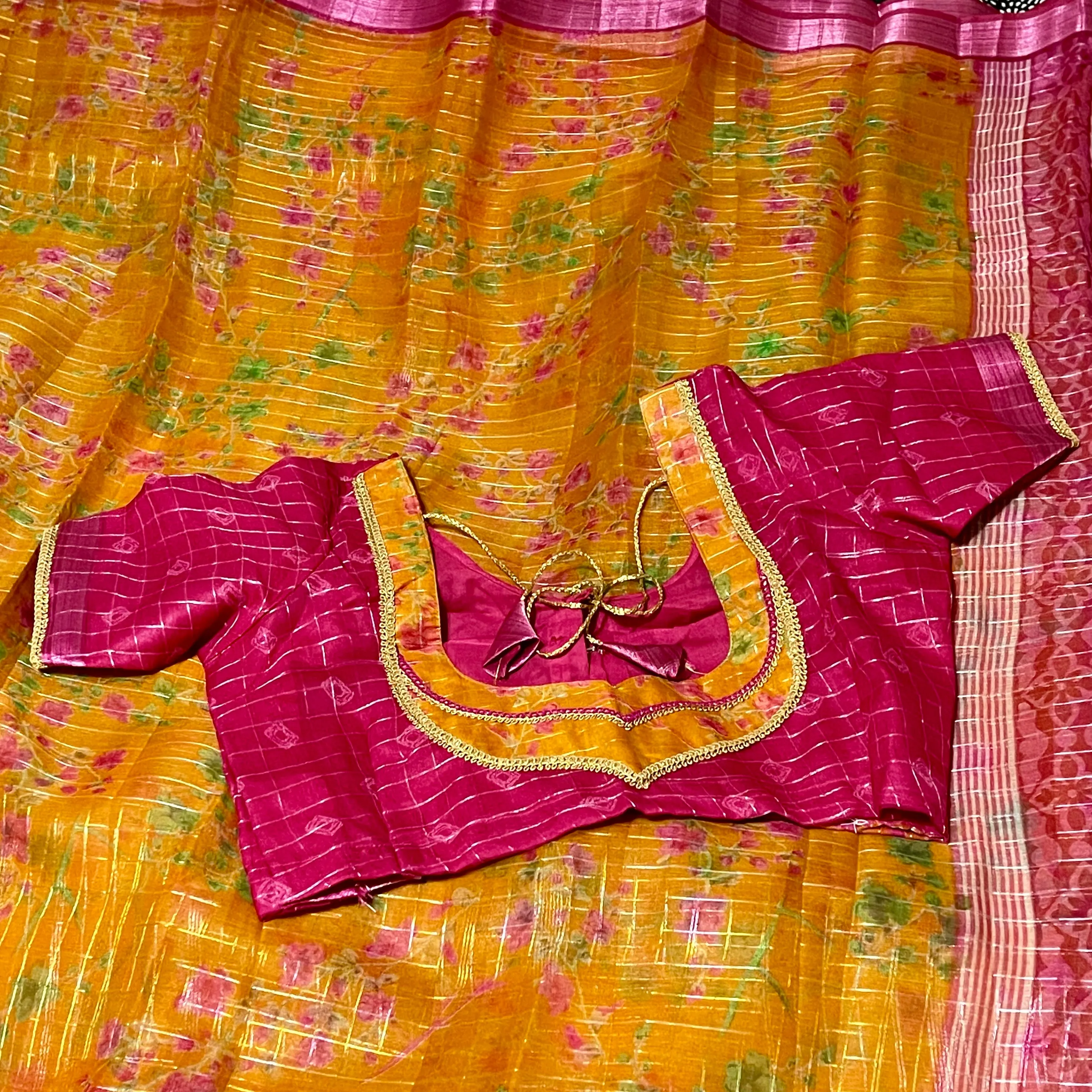 Mustard Yellow and Pink Floral Organza Saree with stitched blouse