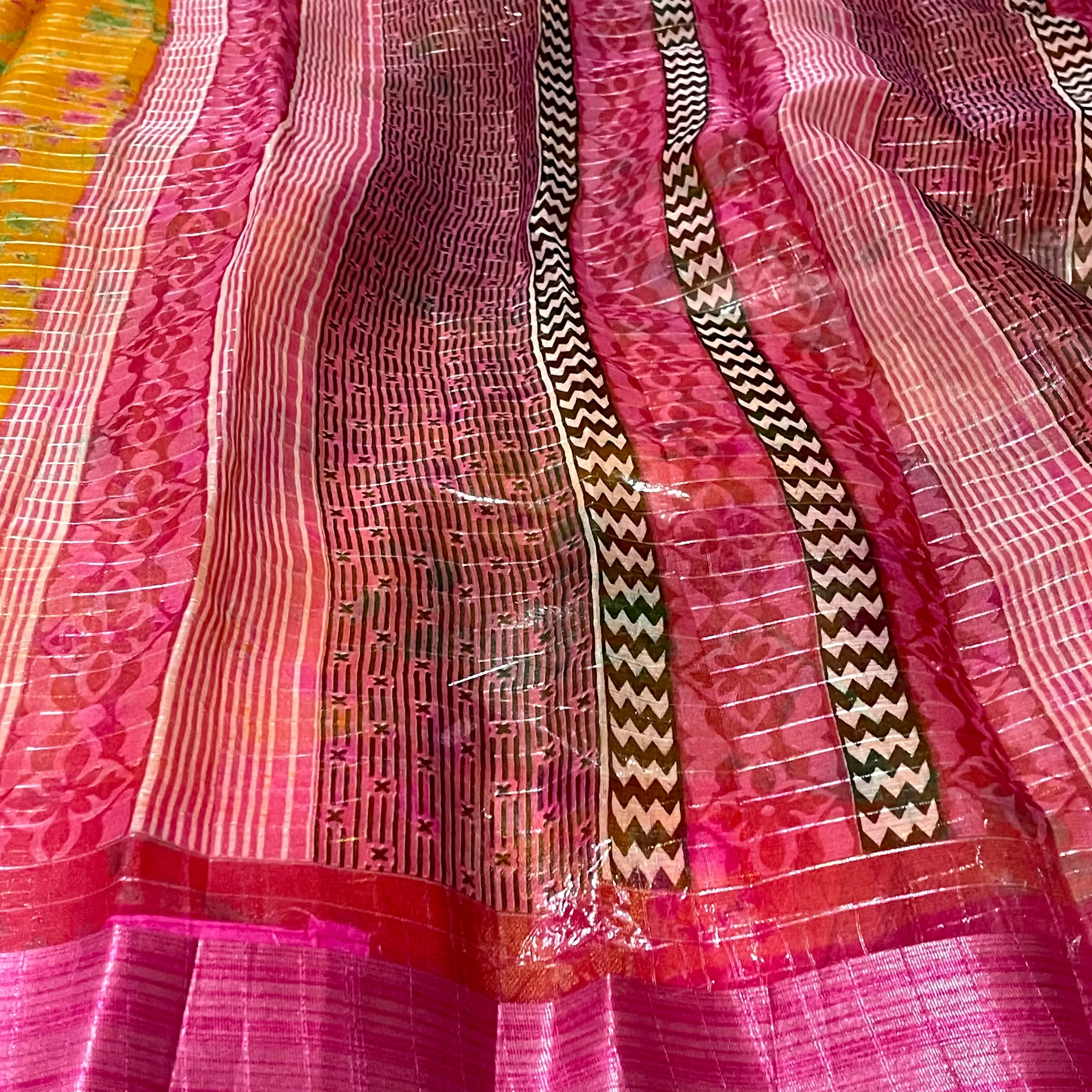 Mustard Yellow and Pink Floral Organza Saree with stitched blouse