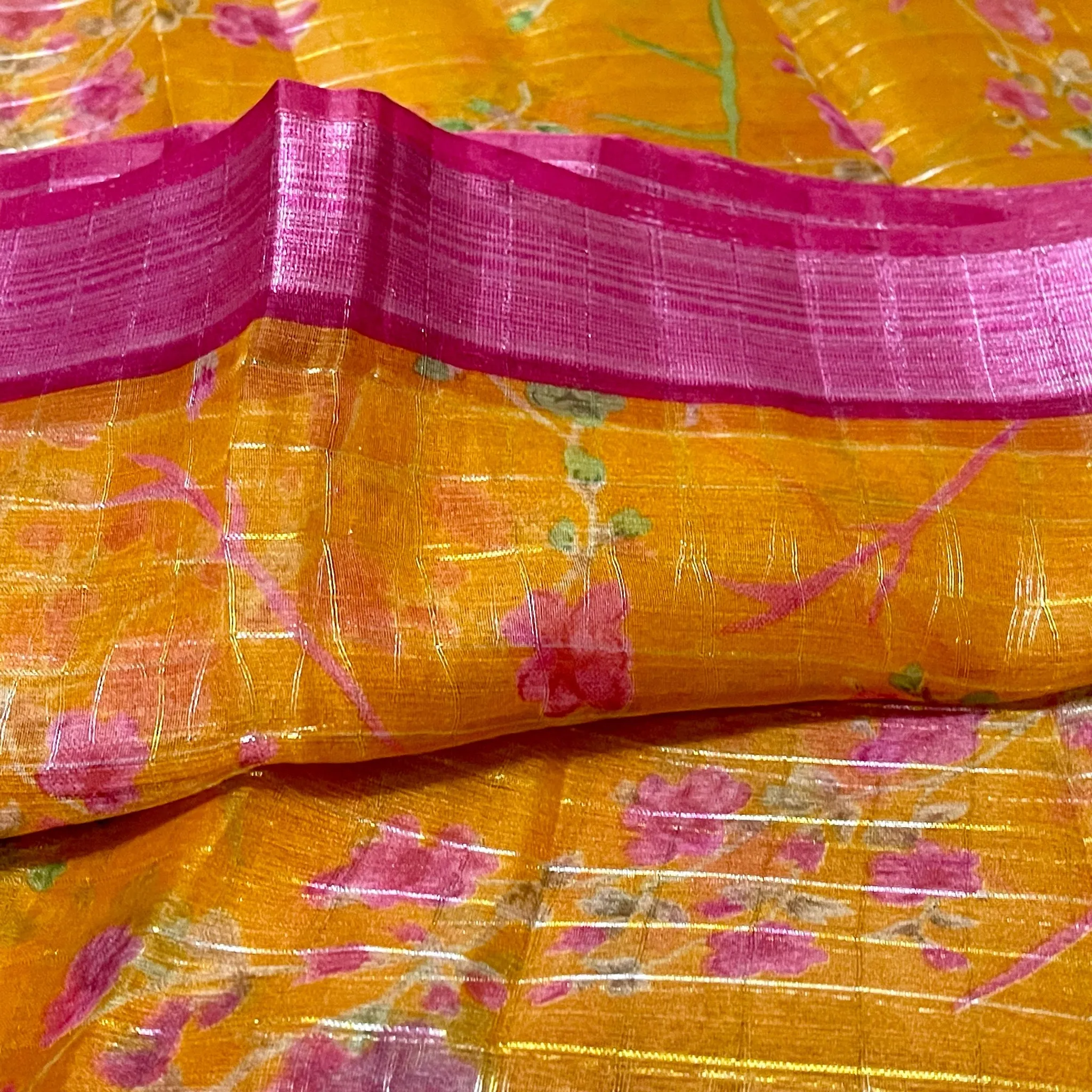 Mustard Yellow and Pink Floral Organza Saree with stitched blouse