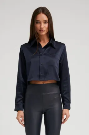 Navy Silk Cropped Button Down