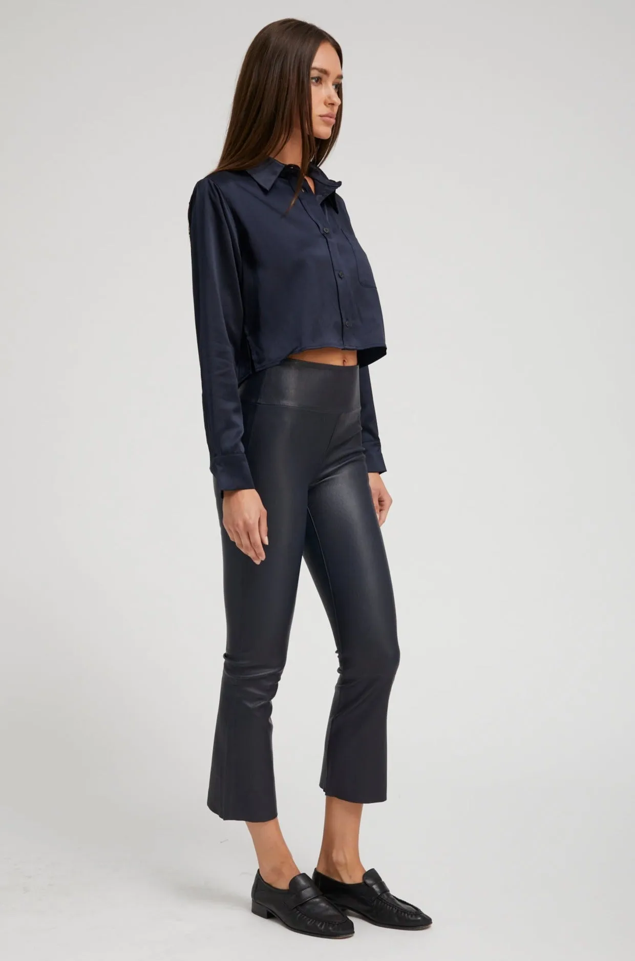 Navy Silk Cropped Button Down