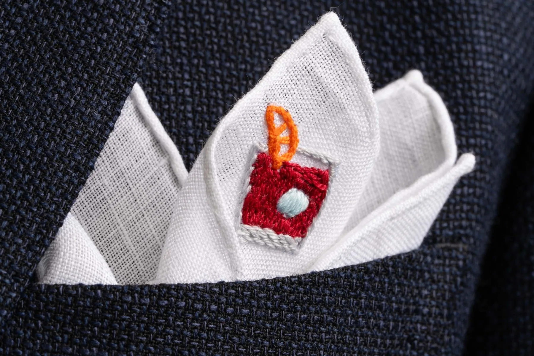 Negroni Cocktail Hand Embroidered White Linen Pocket Square