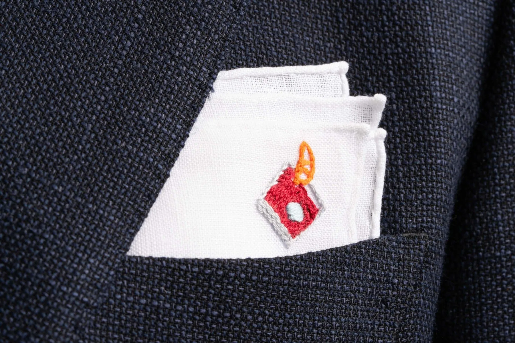 Negroni Cocktail Hand Embroidered White Linen Pocket Square