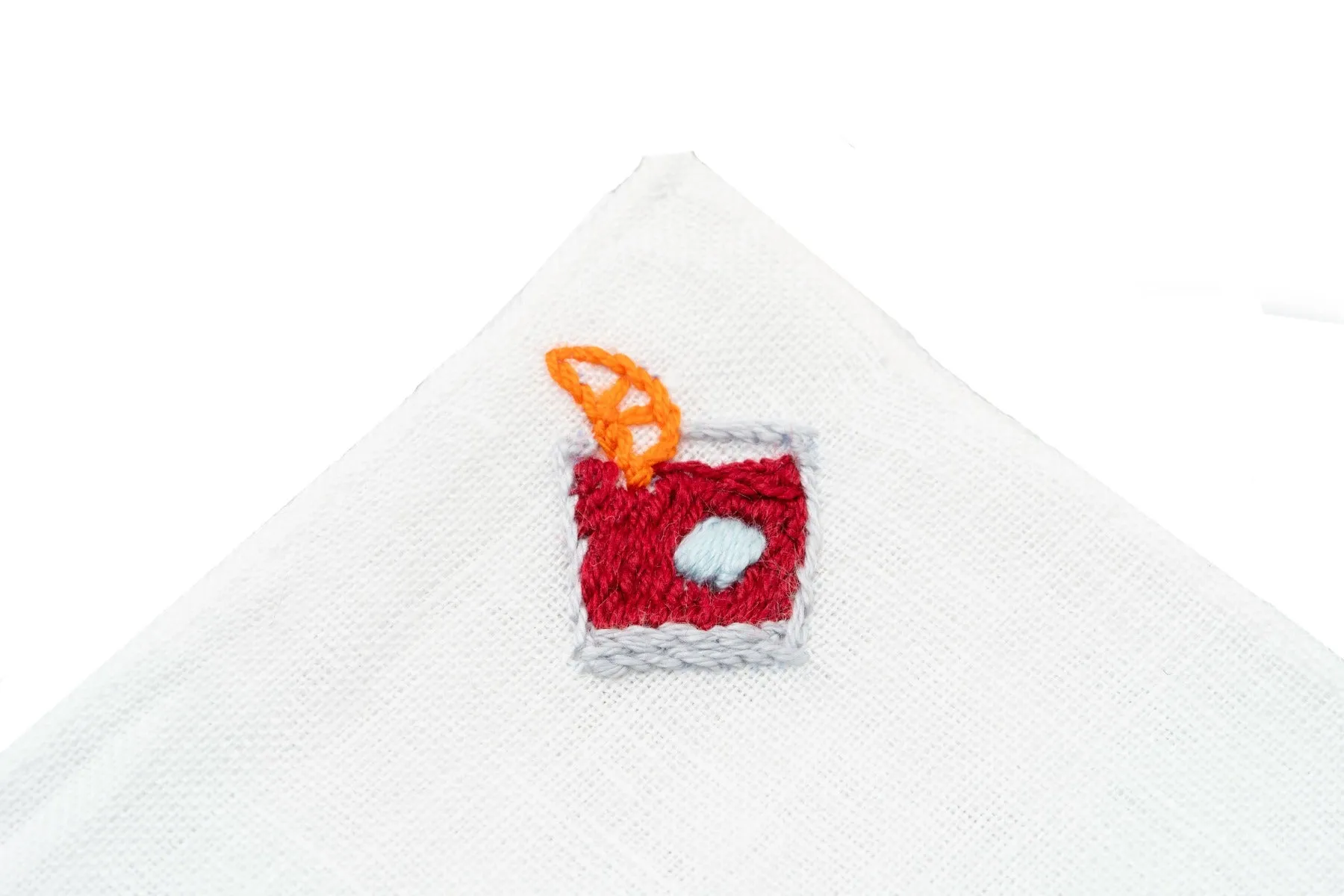 Negroni Cocktail Hand Embroidered White Linen Pocket Square