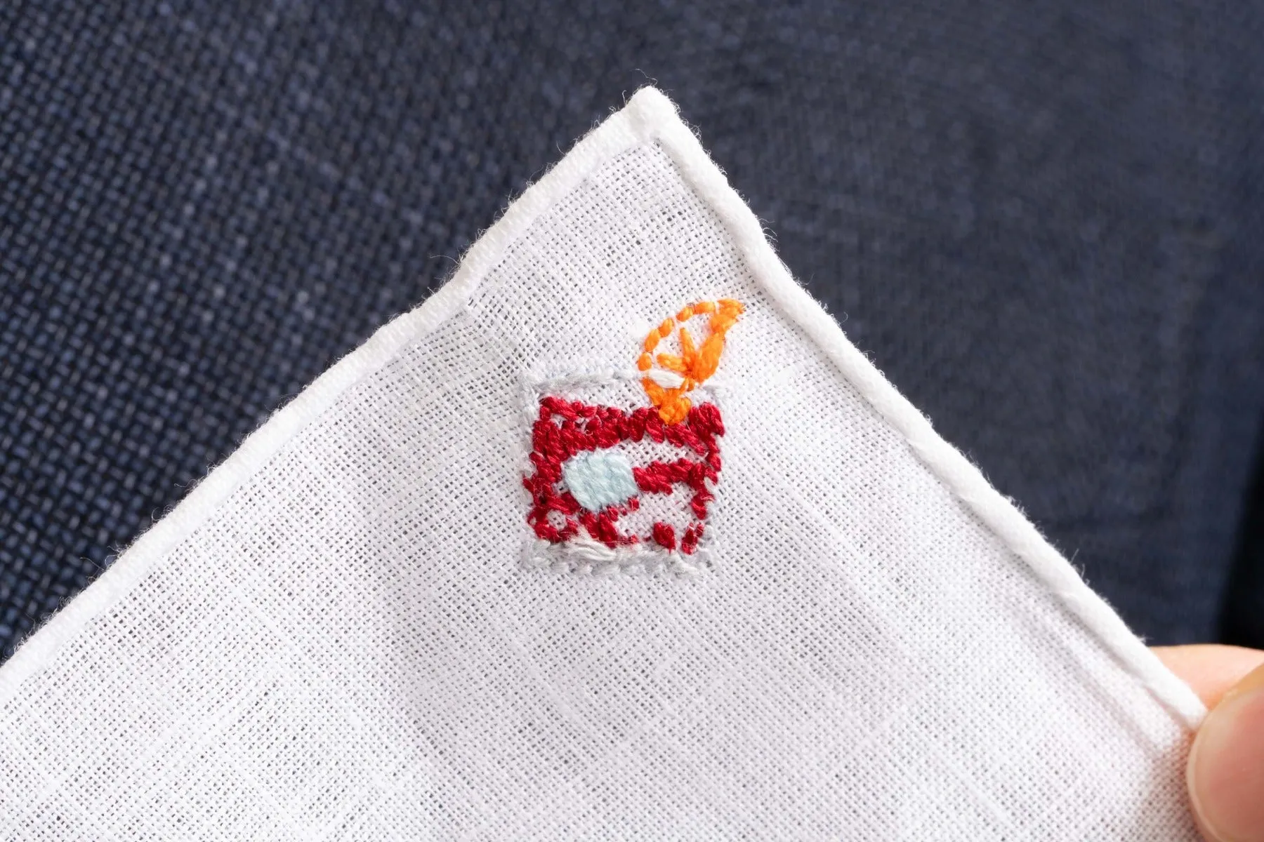 Negroni Cocktail Hand Embroidered White Linen Pocket Square