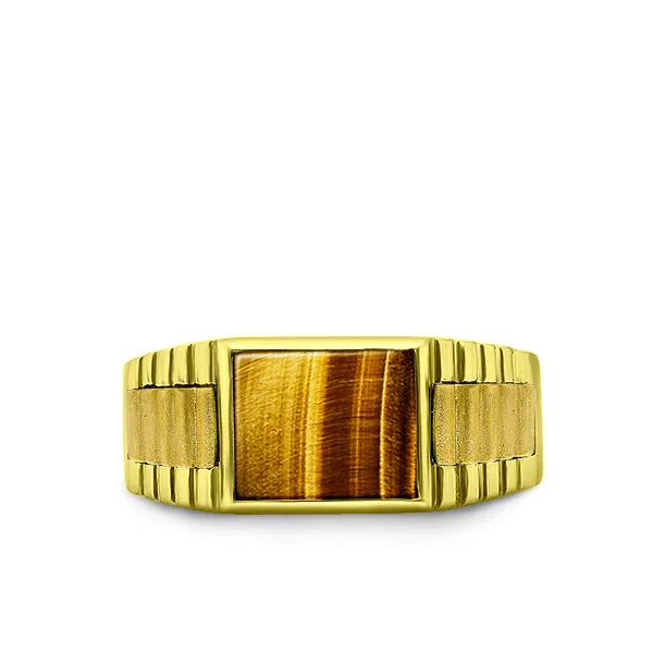 NEW Solid 10k Yellow Gold Mens Ring Genuine Tiger's Eye Stone Band Ring for Man