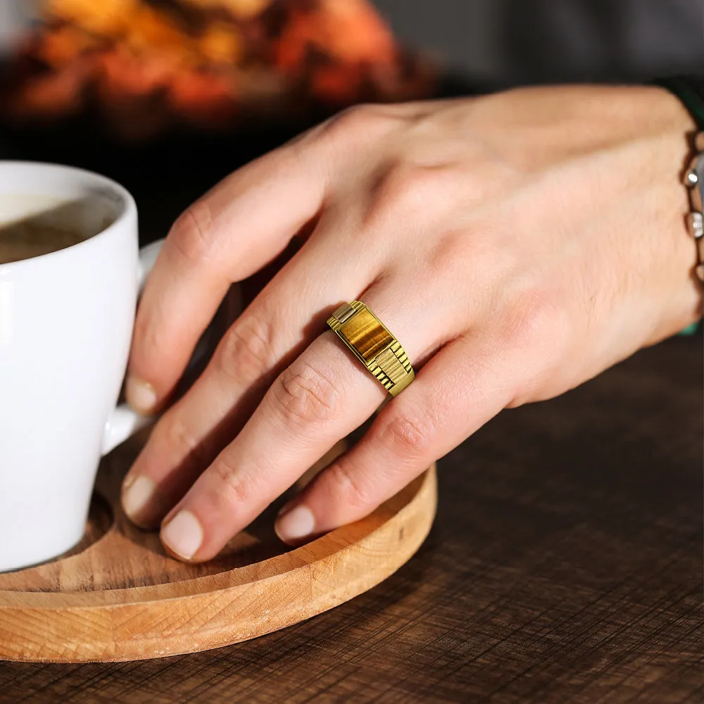 NEW Solid 10k Yellow Gold Mens Ring Genuine Tiger's Eye Stone Band Ring for Man