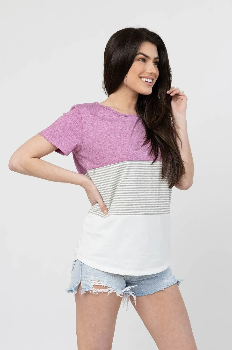 Nursing T-Shirt- 3 Block Colorblock- Pink