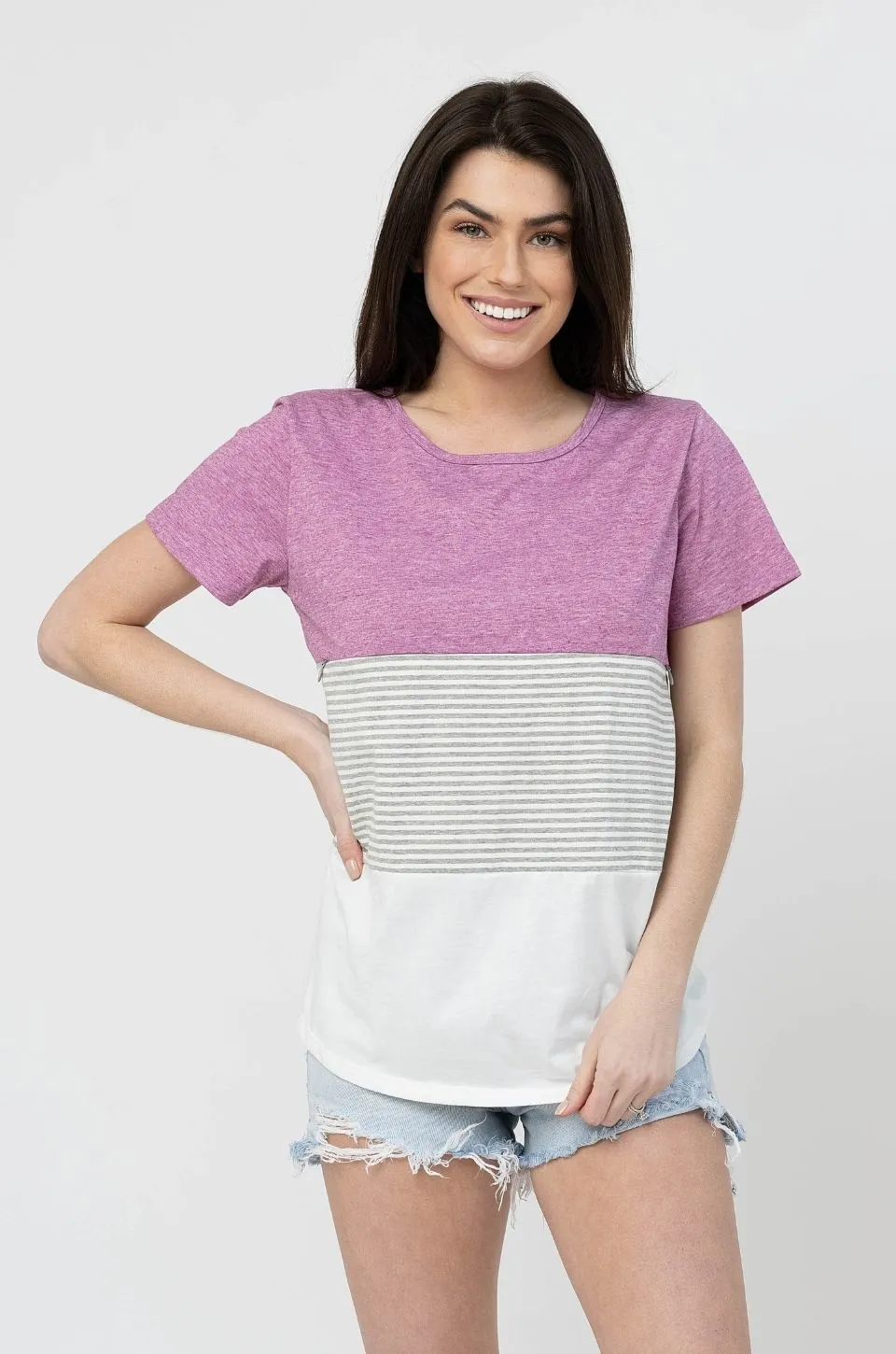 Nursing T-Shirt- 3 Block Colorblock- Pink