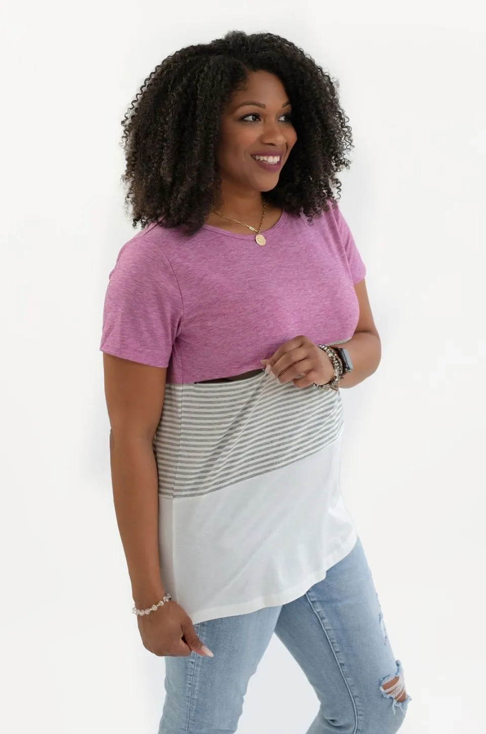 Nursing T-Shirt- 3 Block Colorblock- Pink