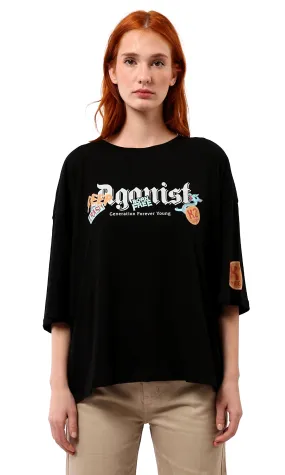 O179806 "Against" Elbow Sleeves Relaxed Black Tee