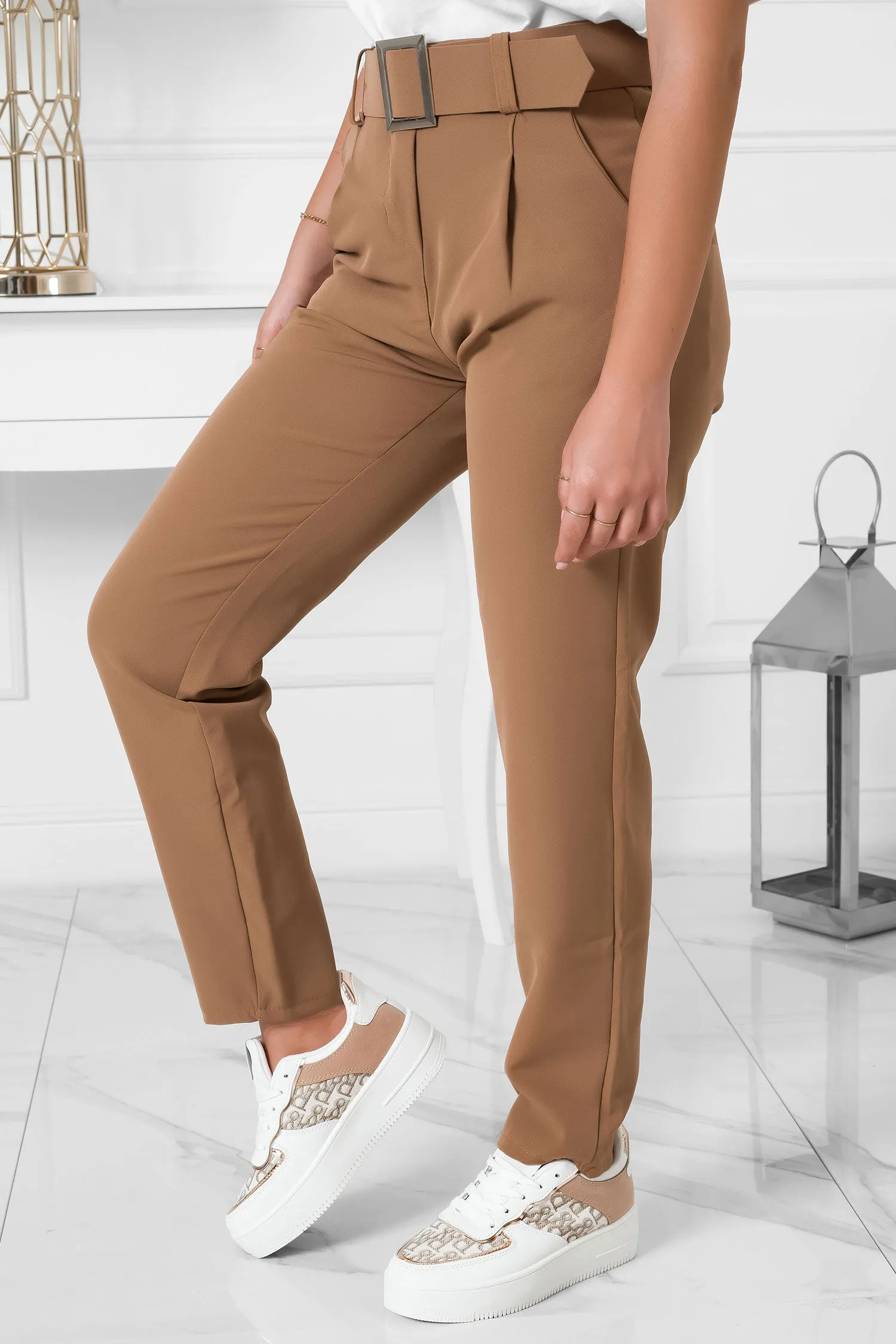 Pantalone fango a vita alta con cintura