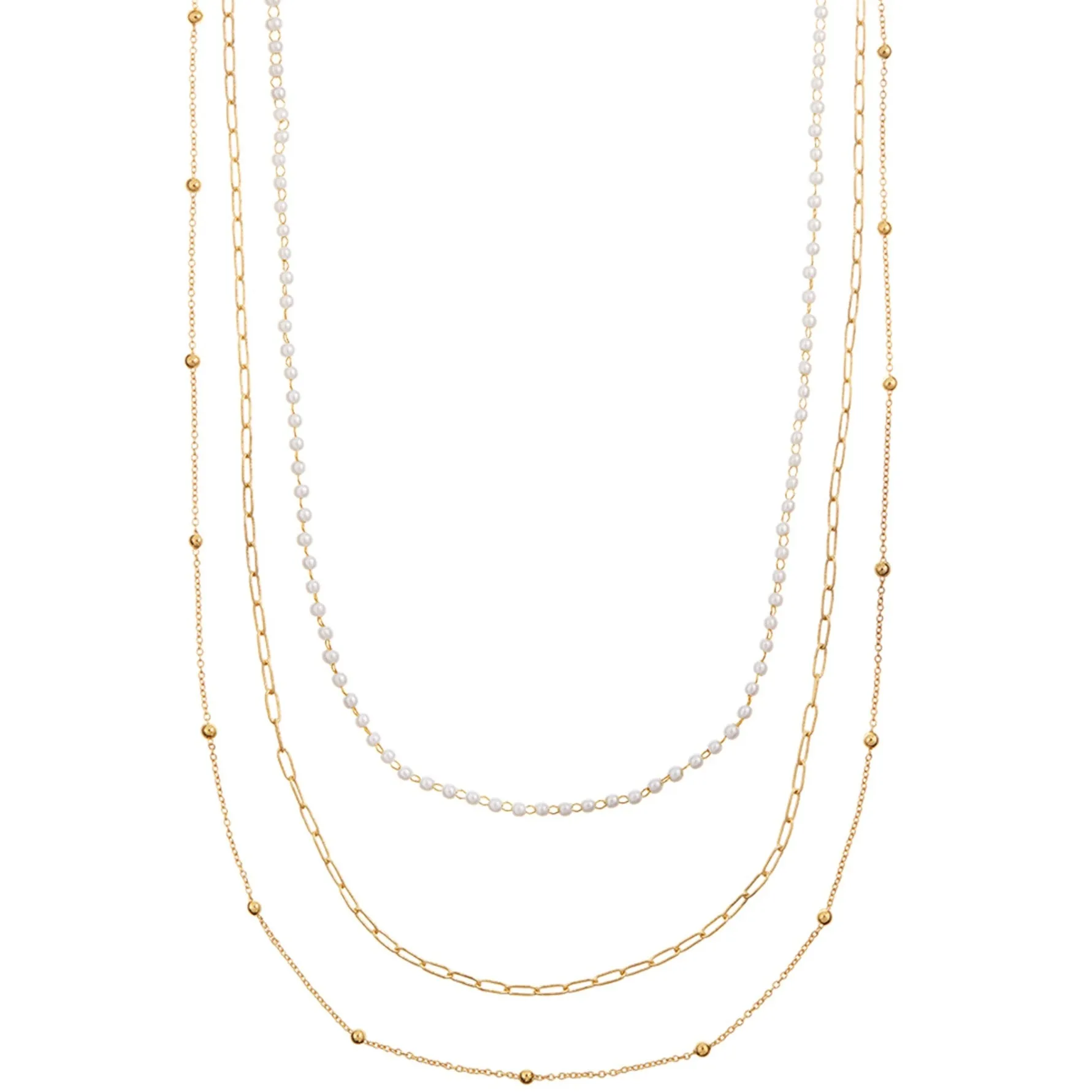 Pearl & Chain 3-Row Long Necklace