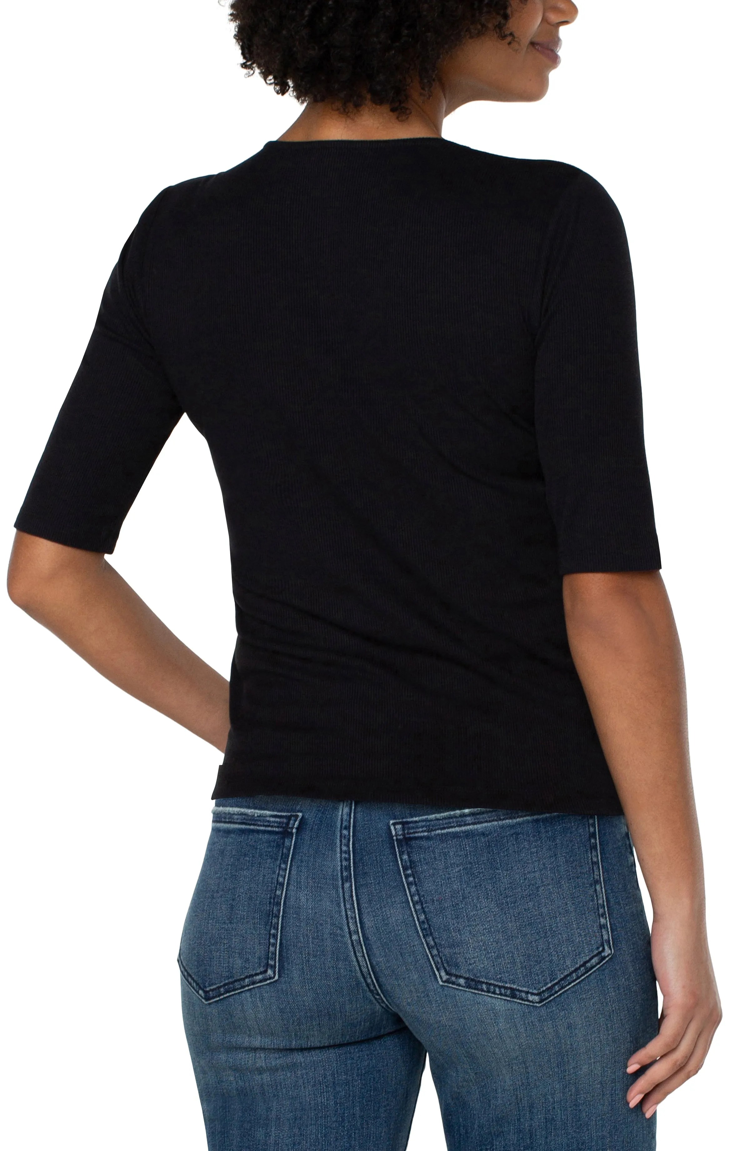 PETITE DOUBLE LAYER V-NECK RIB KNIT TOP