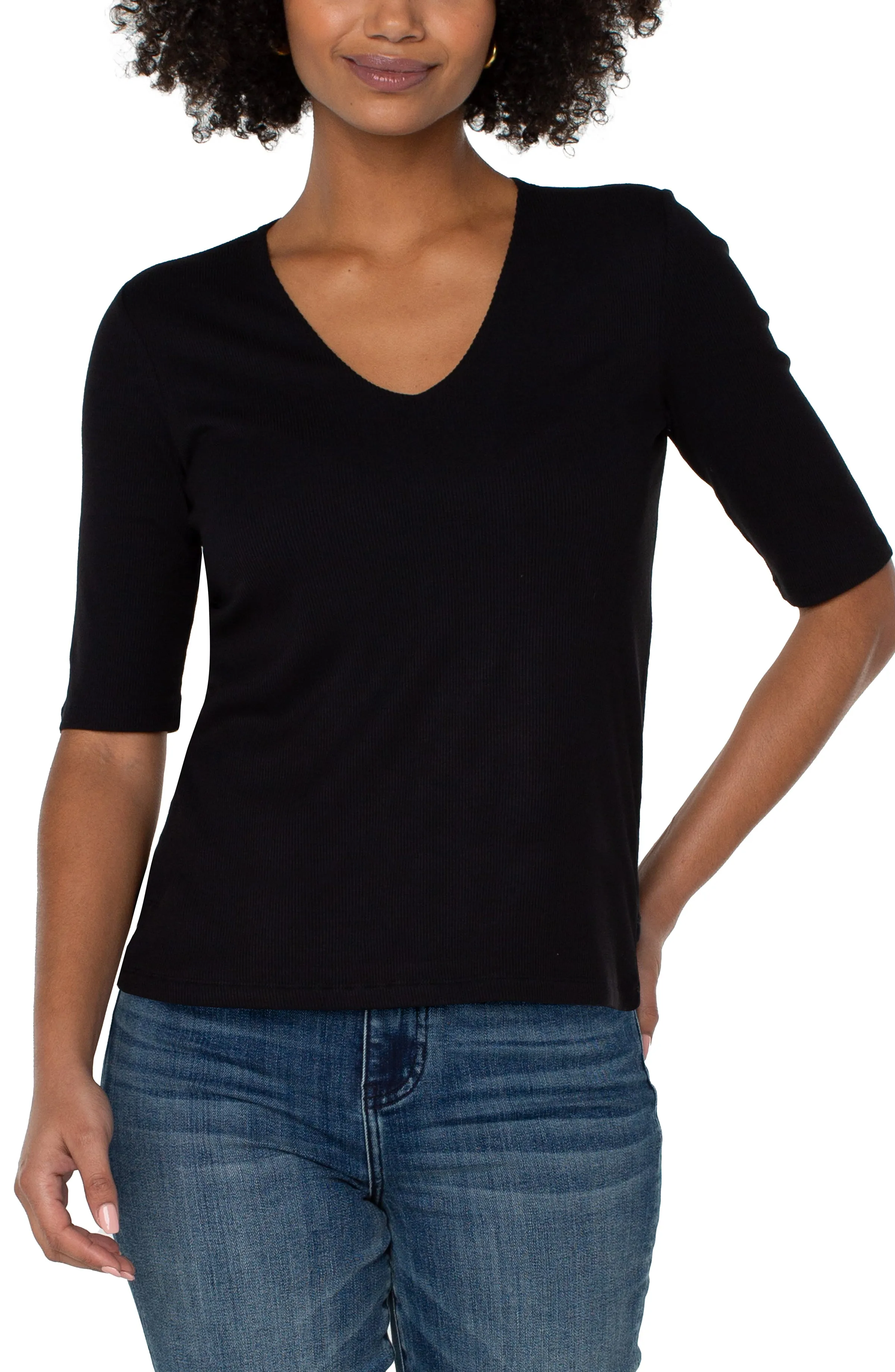 PETITE DOUBLE LAYER V-NECK RIB KNIT TOP