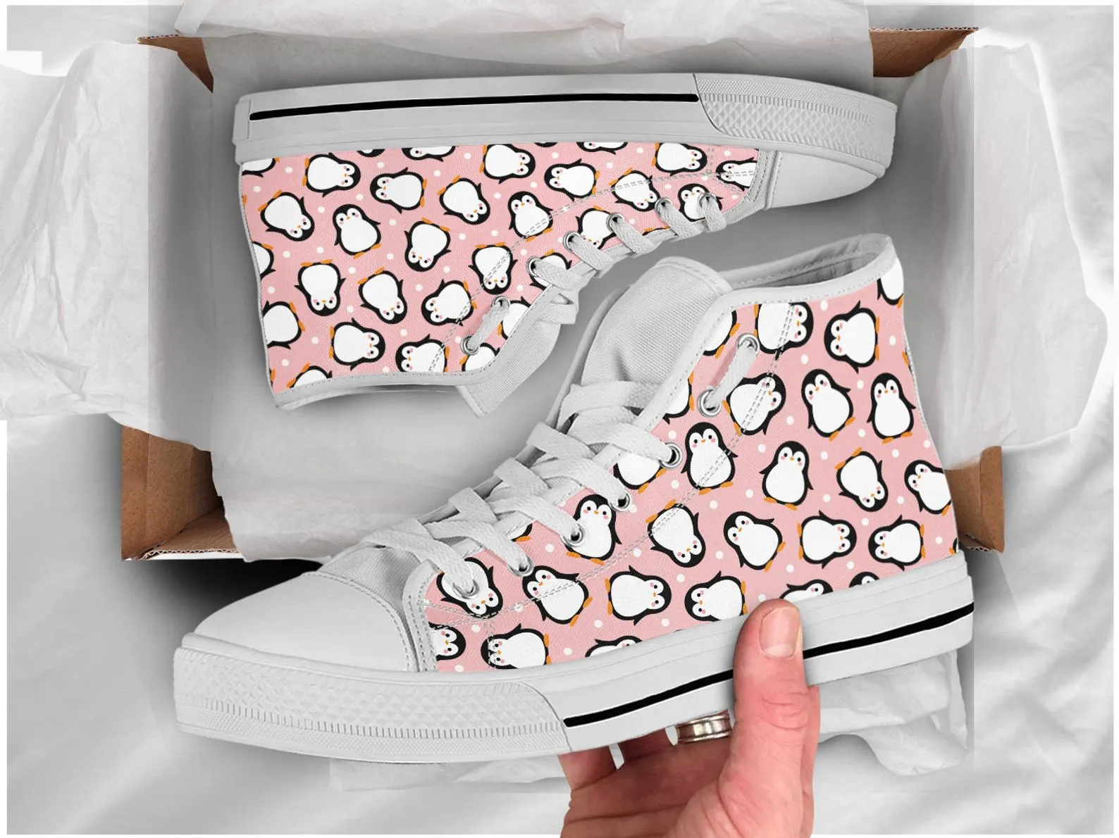 Pink Penguin Shoes Penguin Sneakers Cute Shoes Penguin Lover Gifts Custom High Top Converse Style Sneakers For Adults Women & Men