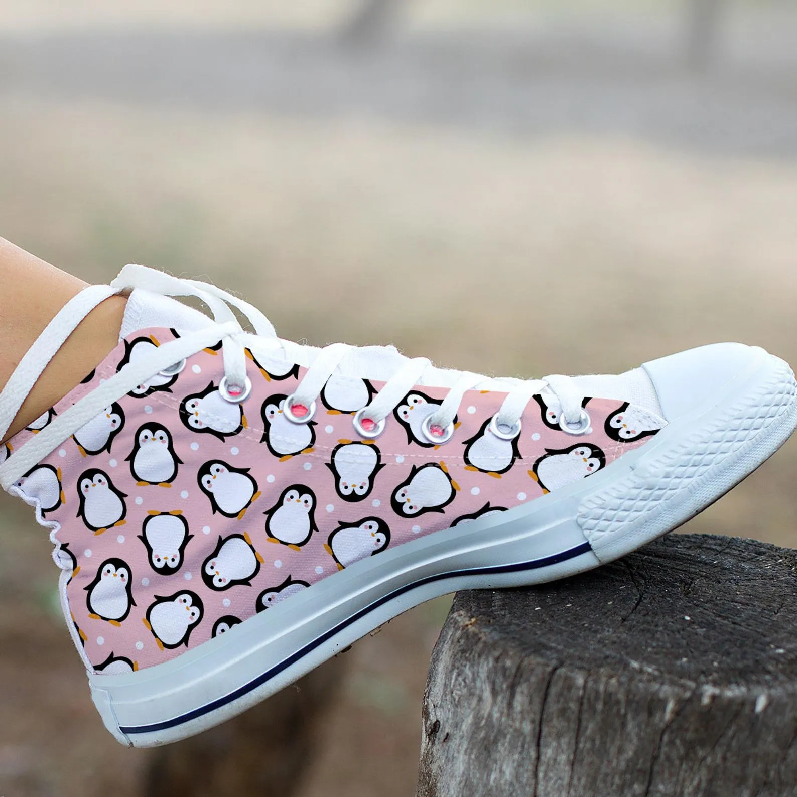 Pink Penguin Shoes Penguin Sneakers Cute Shoes Penguin Lover Gifts Custom High Top Converse Style Sneakers For Adults Women & Men