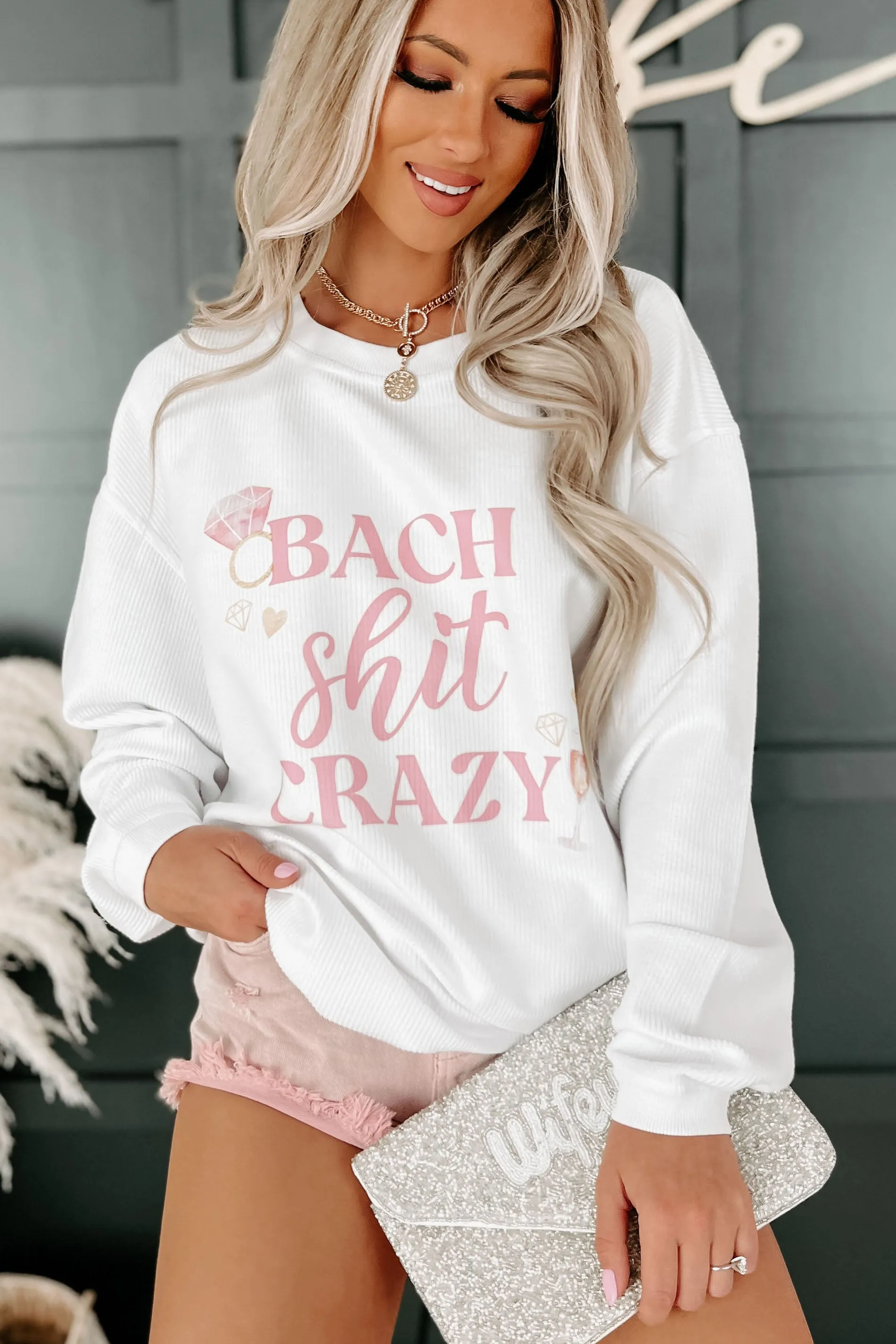 "Bach Shit Crazy" Corded Graphic Crewneck (White) - Print On Demand