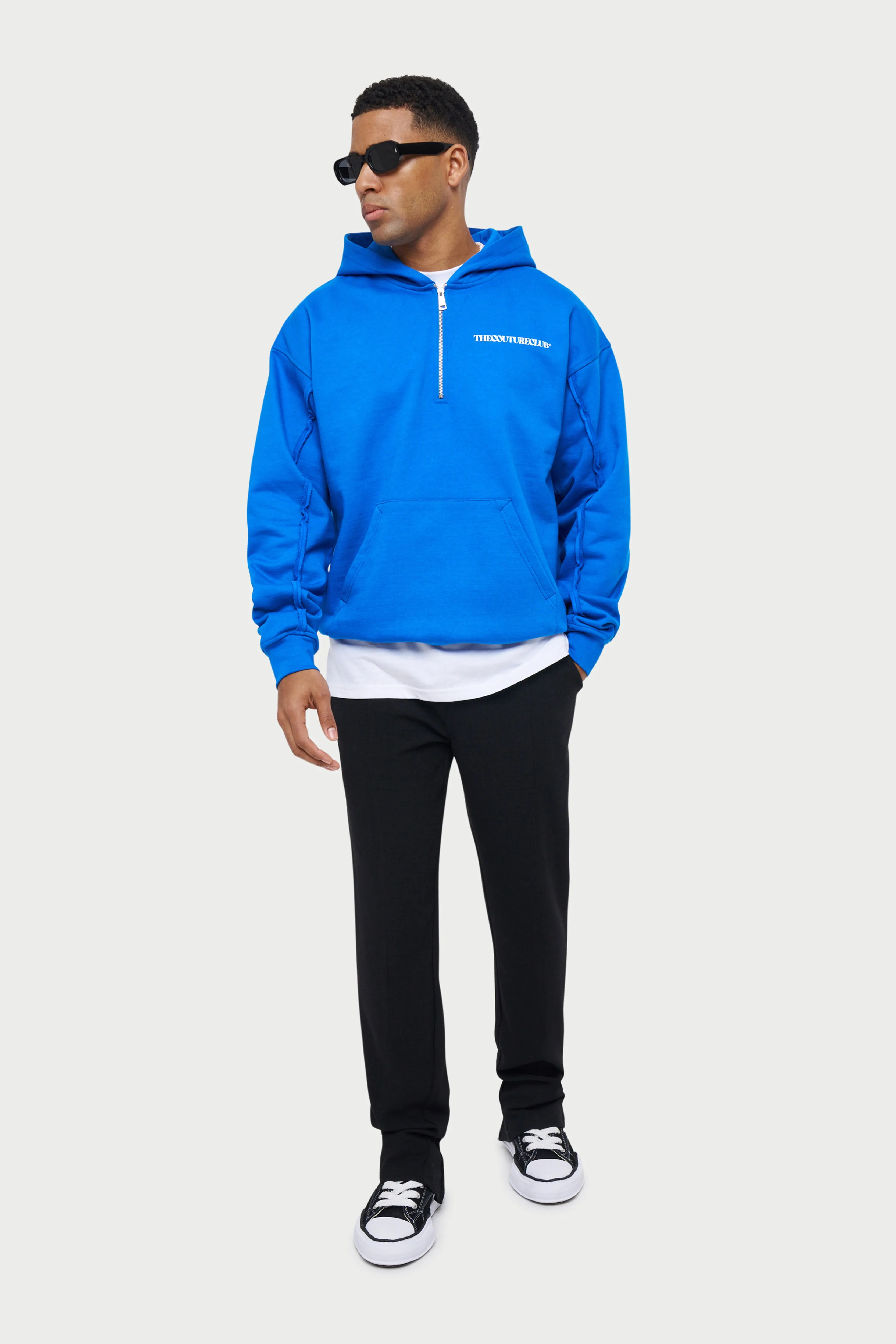 RAW SEAM QUARTER ZIP HOODIE - COBALT