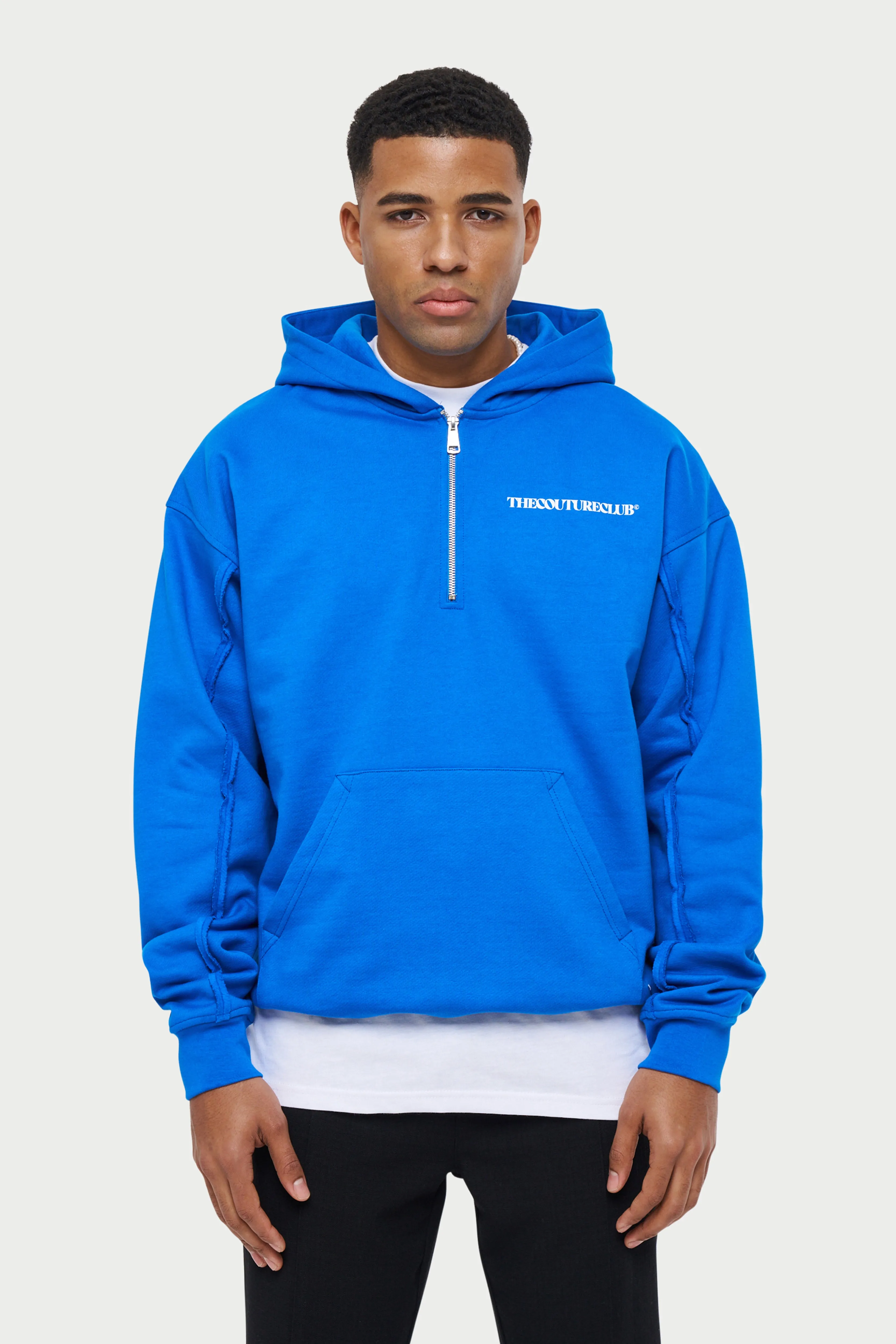 RAW SEAM QUARTER ZIP HOODIE - COBALT