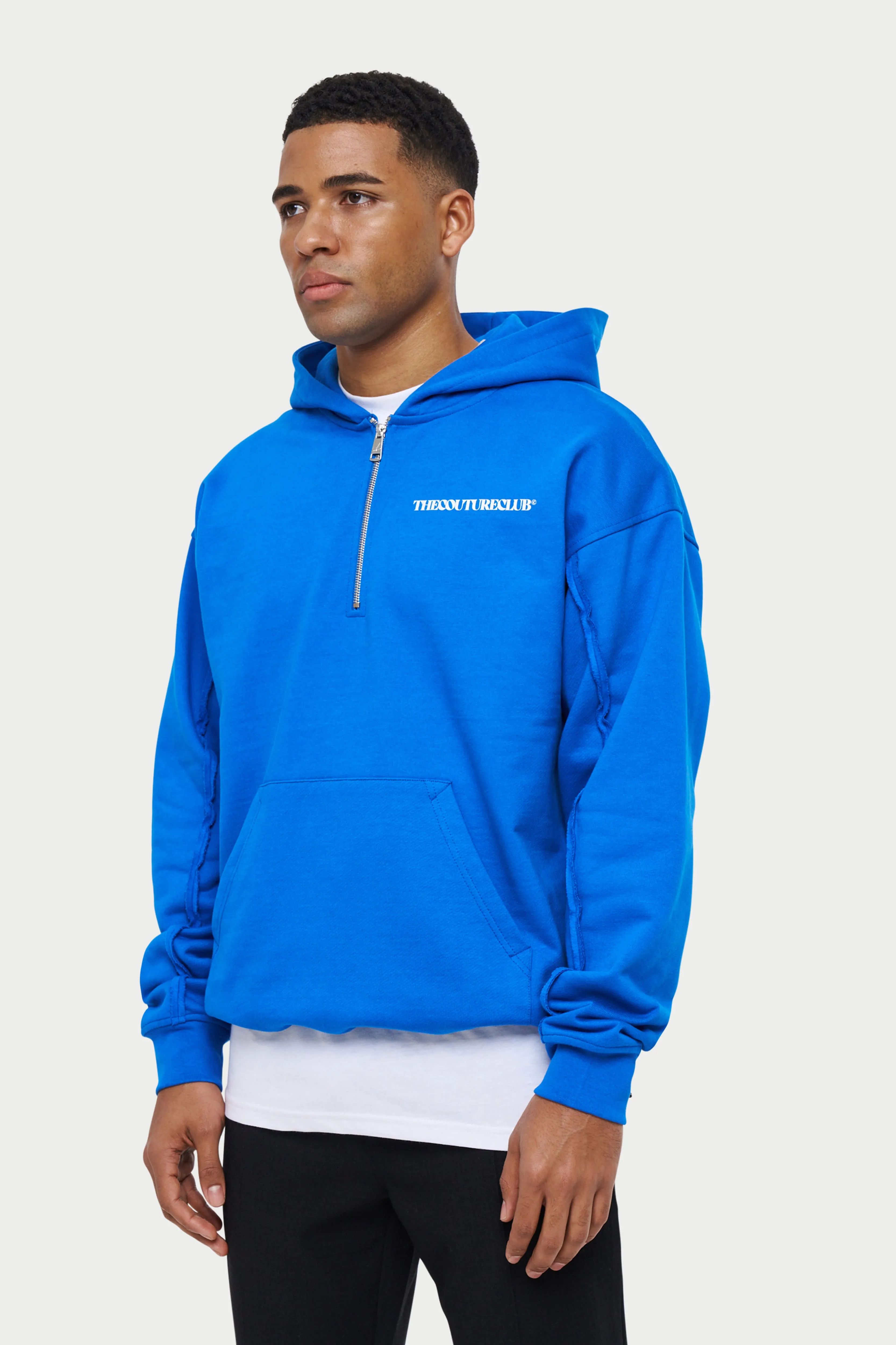 RAW SEAM QUARTER ZIP HOODIE - COBALT