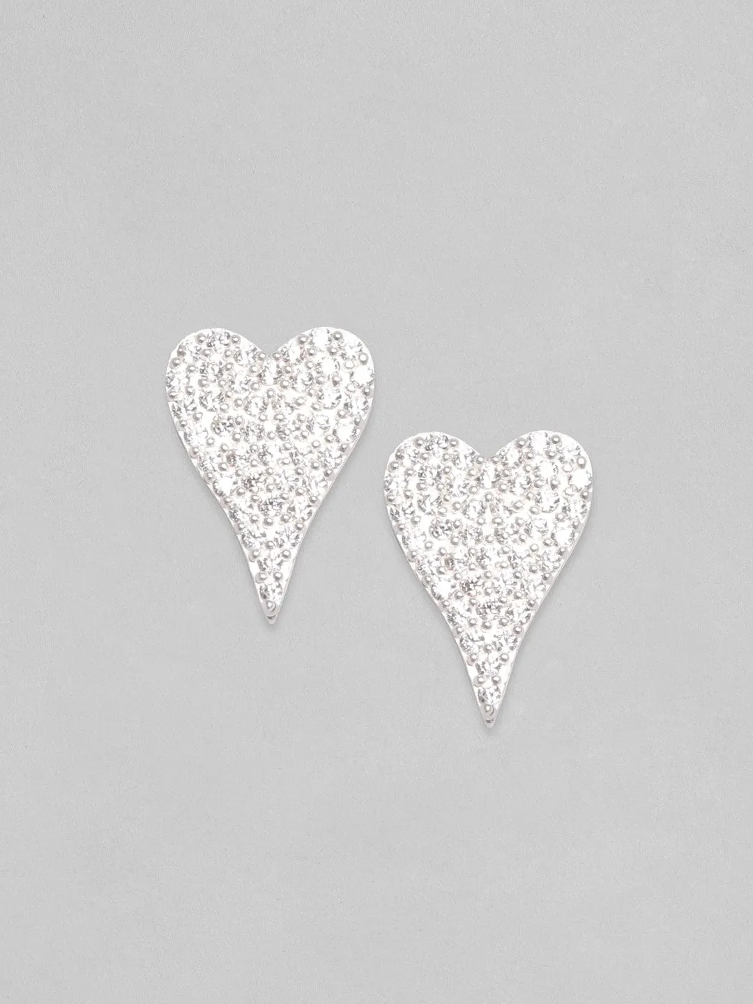 Rubans 925 Silver, Rhodium Plated Pave Zircons Studded Heart Motif Stud Earrings.