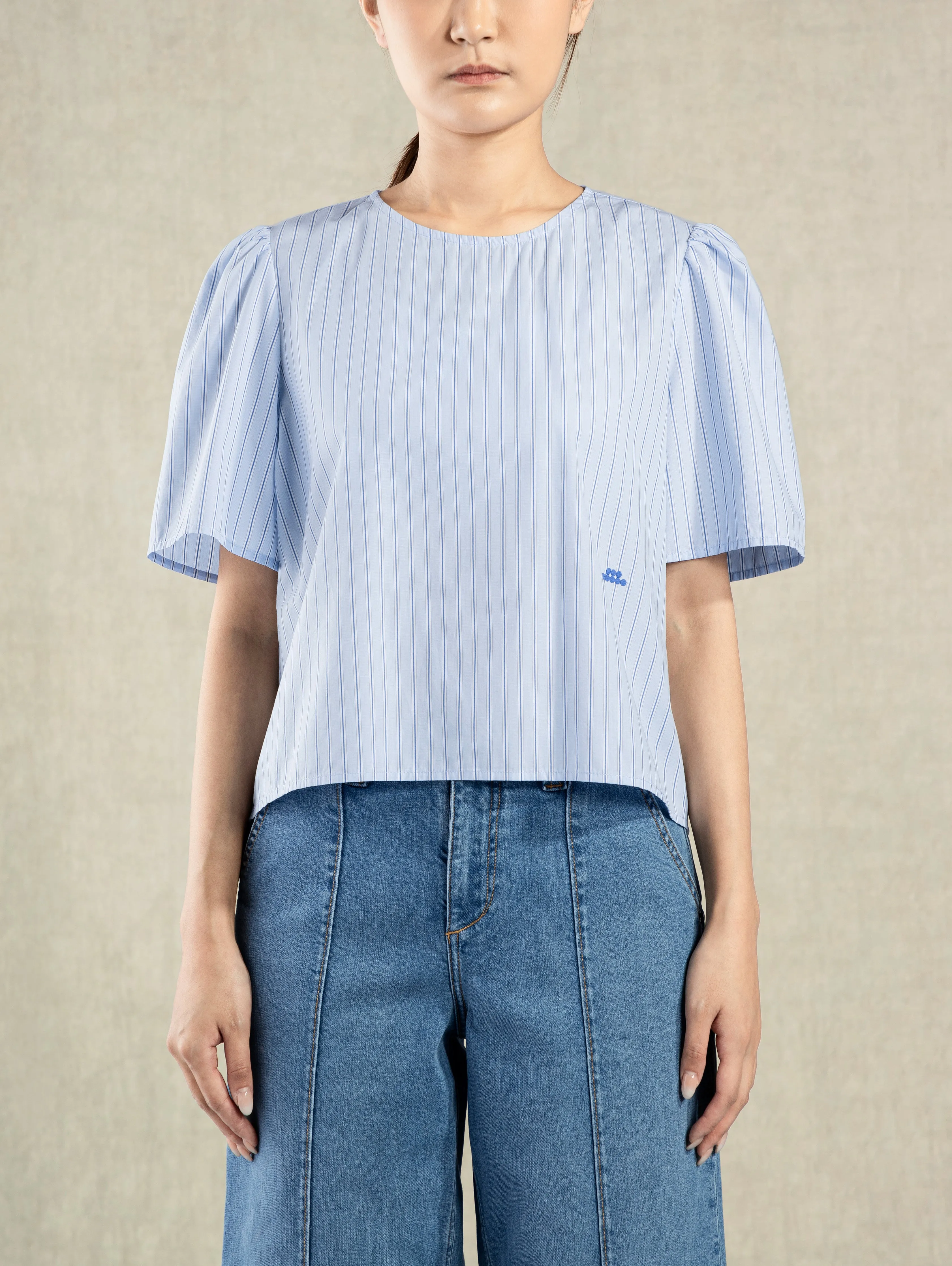 Striped Puff Sleeve Blouse Light Blue Stripe