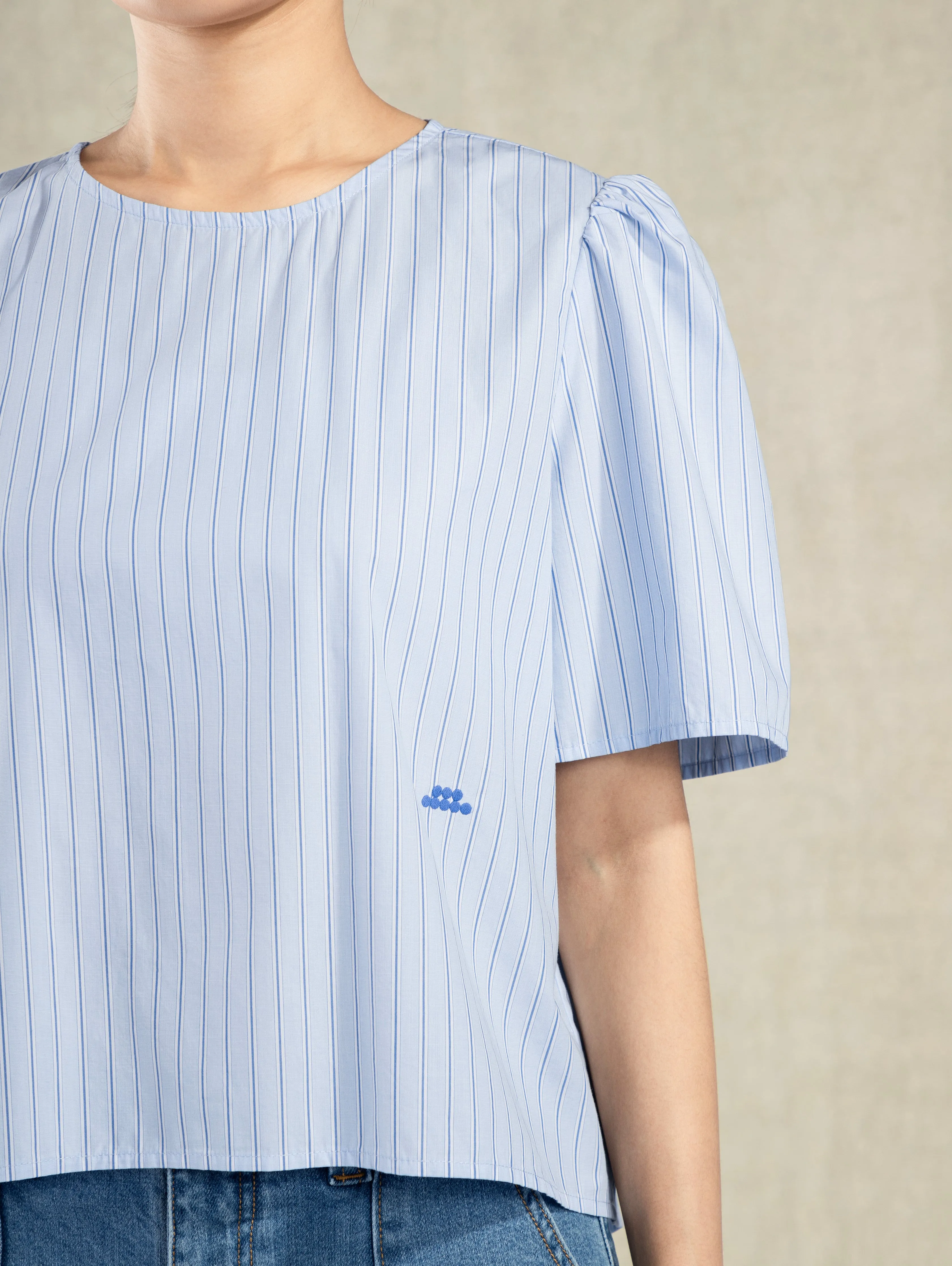 Striped Puff Sleeve Blouse Light Blue Stripe