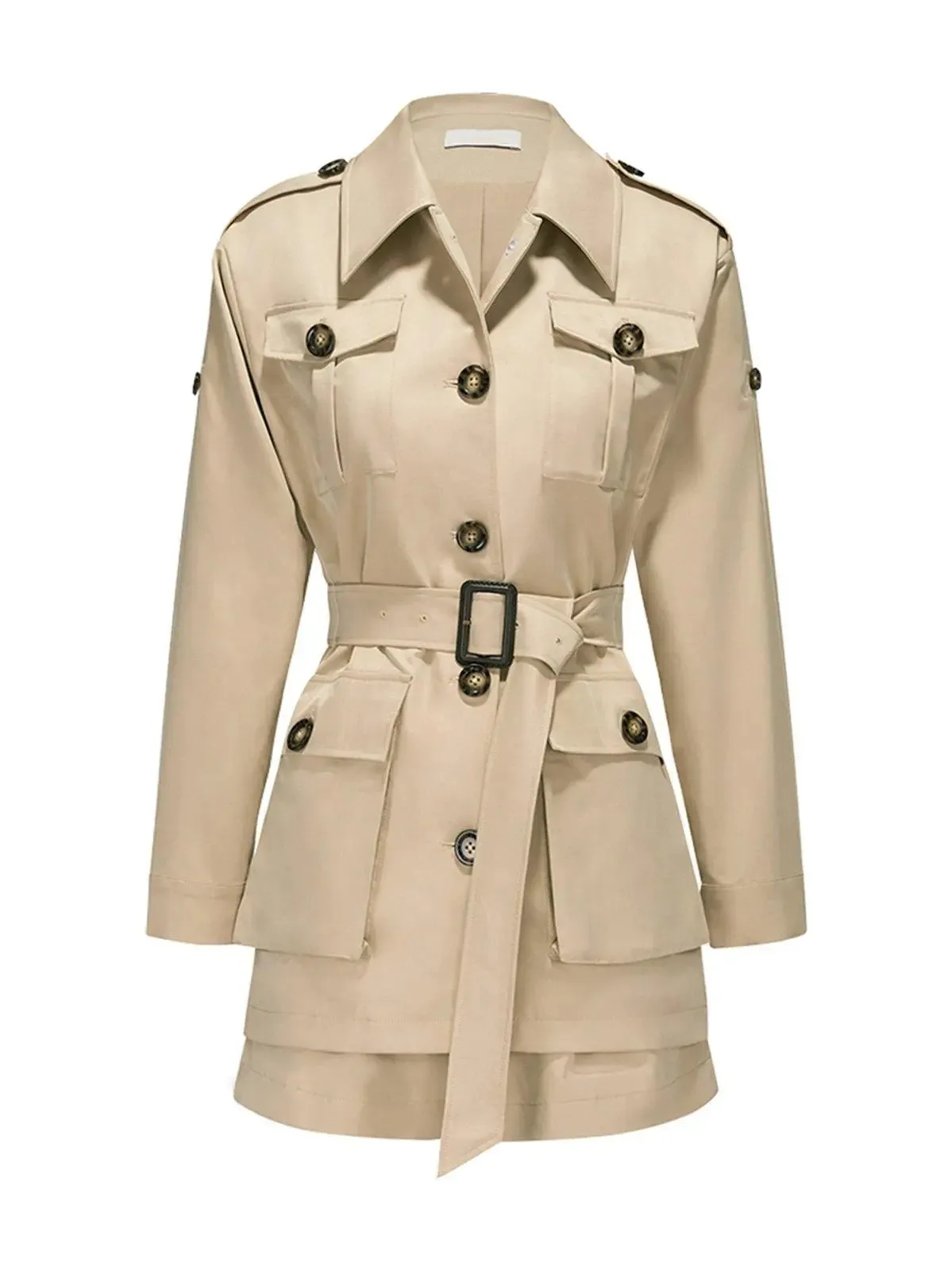 Tan Belted Long Sleeve Trench Jacket & Shorts Set