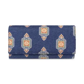 THE CLOWNFISH Charisma Collection Printed Handicraft Fabric & Faux Leather Womens Wallet Clutch Ladies Purse with Multiple Card Slots (Dark Blue)