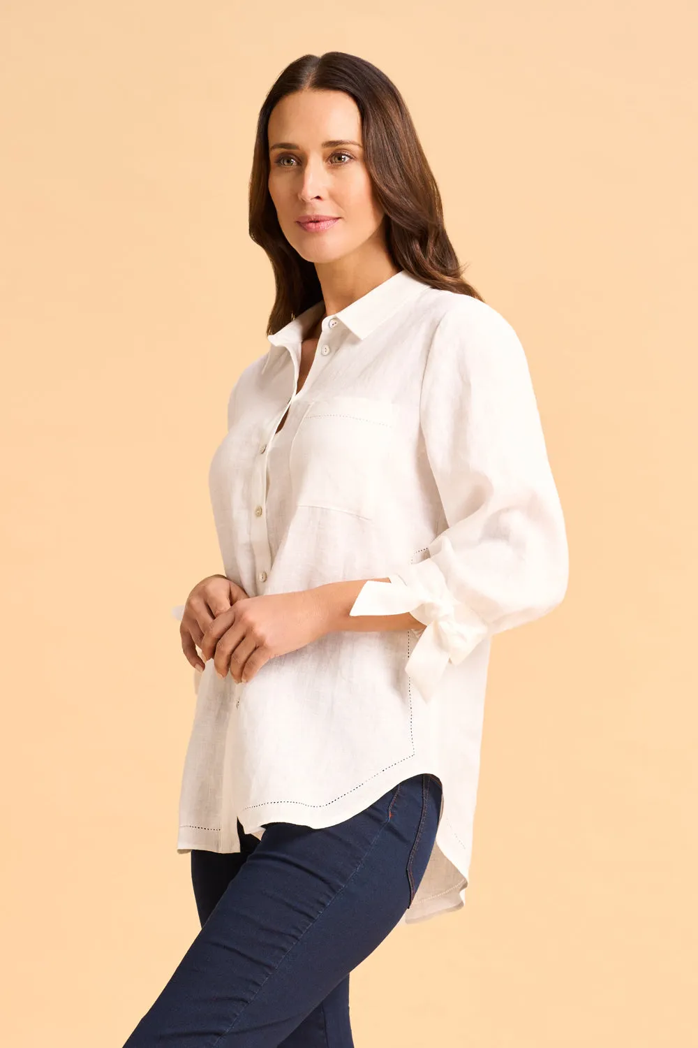 Tie Sleeve Linen Shirt - White