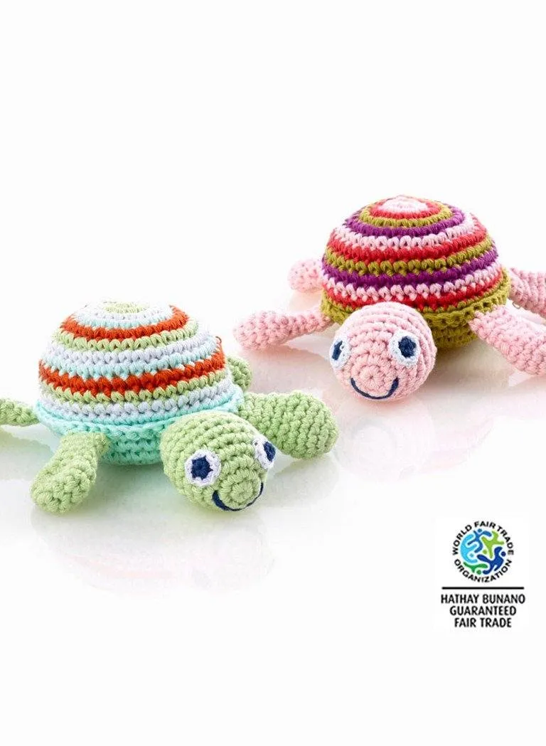 Turtle - Fair Trade Organic Crochet Baby Rattle - Pink Stripe