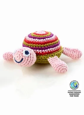 Turtle - Fair Trade Organic Crochet Baby Rattle - Pink Stripe