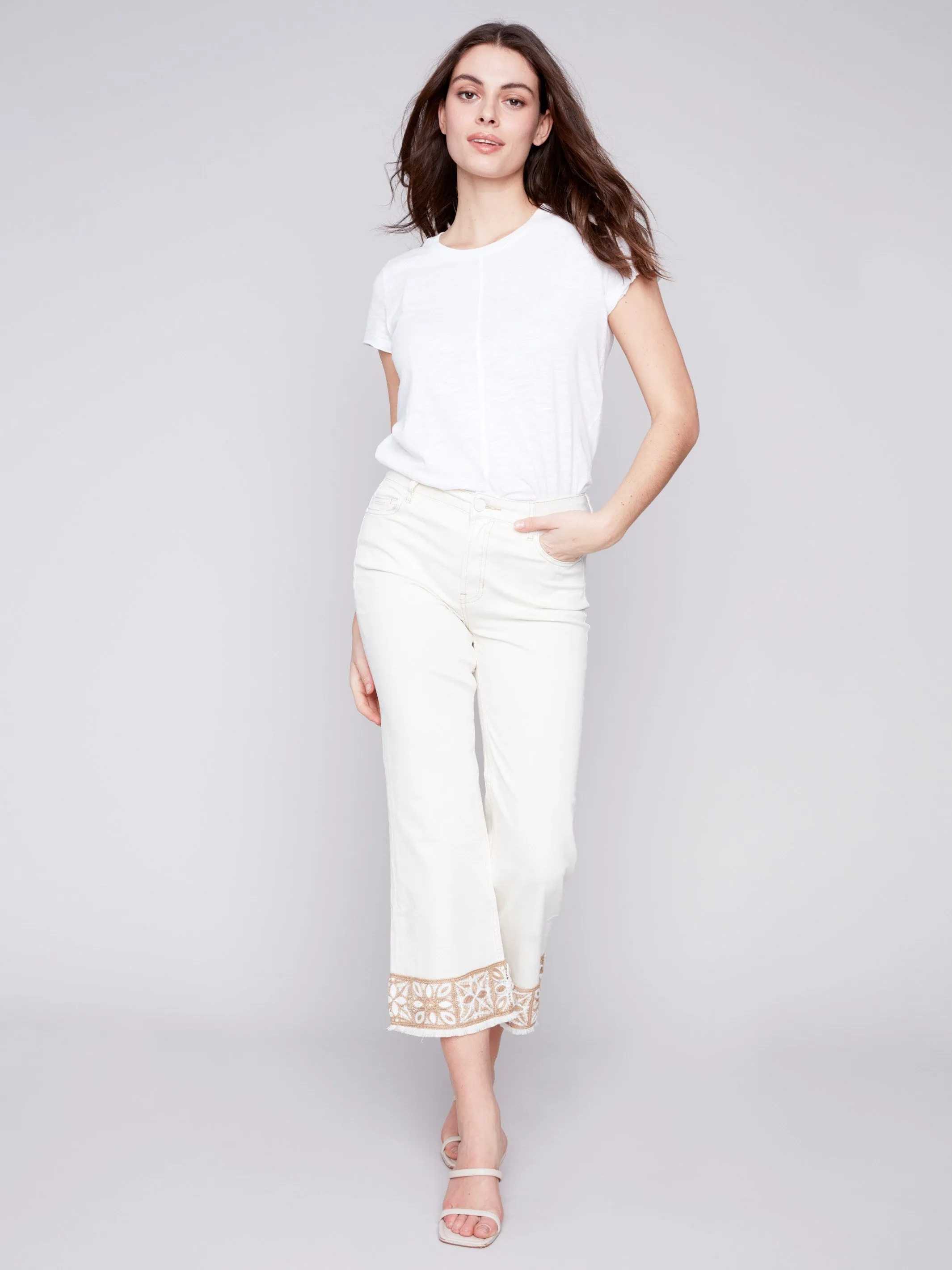 Twill Pants with Crochet Cuff - Natural