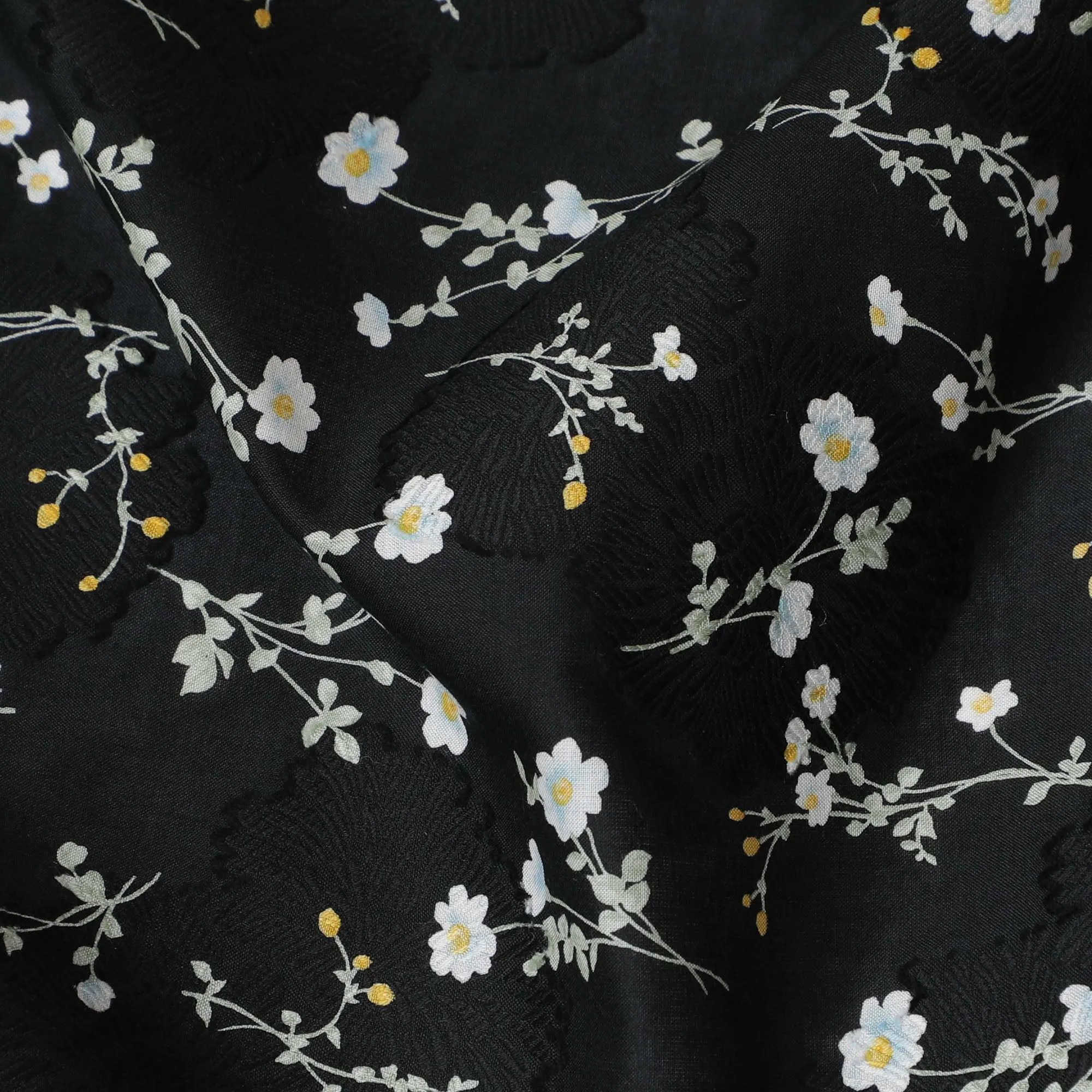 Uragiri Cotton Voile Fabric with jacquard, 110 cm Width, Black and White Floral Design-D19959