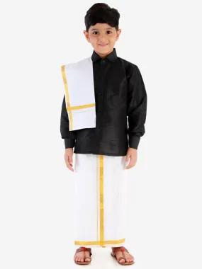 Vastramay Boy's Black & White Solid Shirt With Dhoti