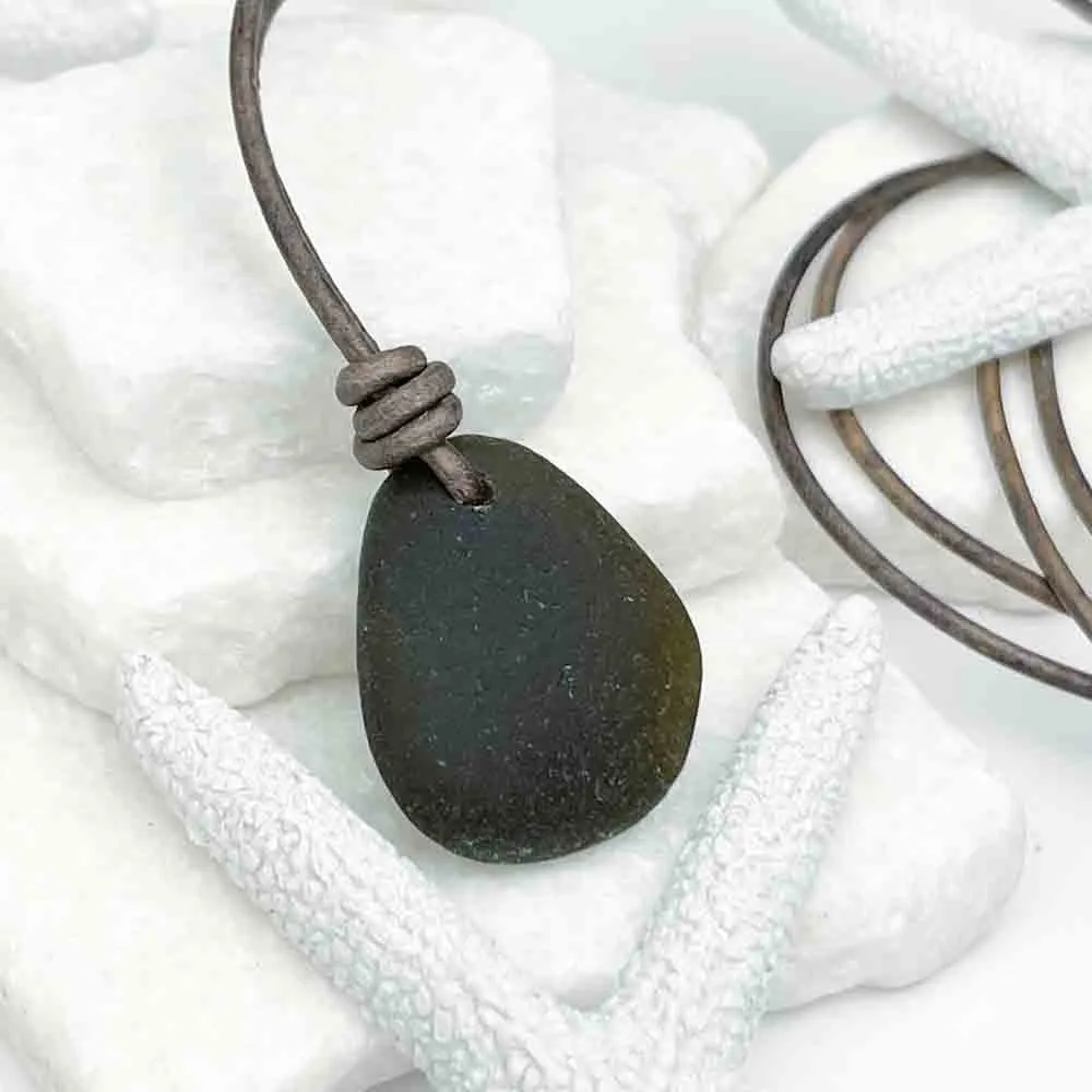 Warm Black Sea Glass Leather Necklace | #5021