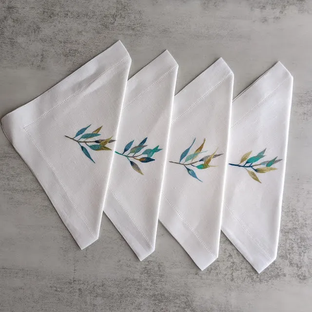 White Linen Napkins | Pulled Border | Hand Embroidered | Leaves