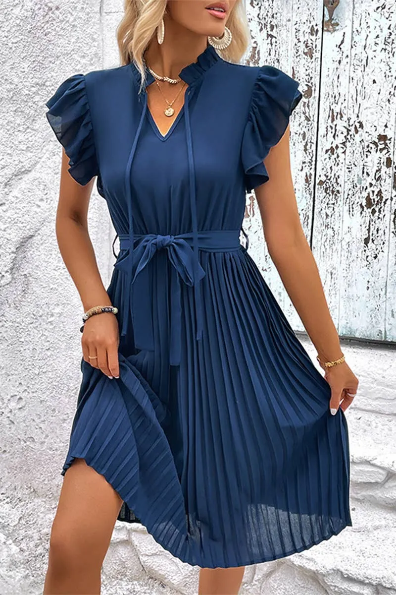 WOMEN RUFFLED HIGH NECK PLEATED KNEE LENGTH  Dress