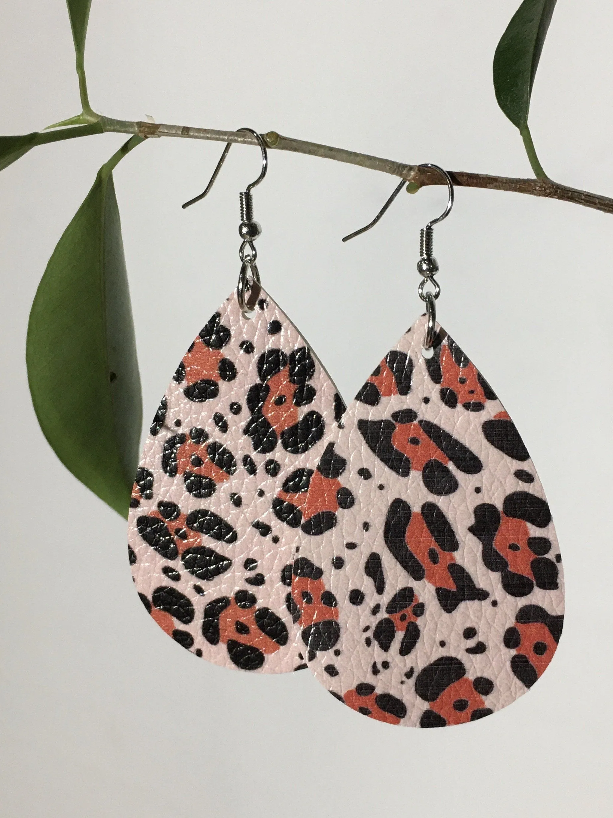 Womens Cheetah Print Leather Teardrop Earrings