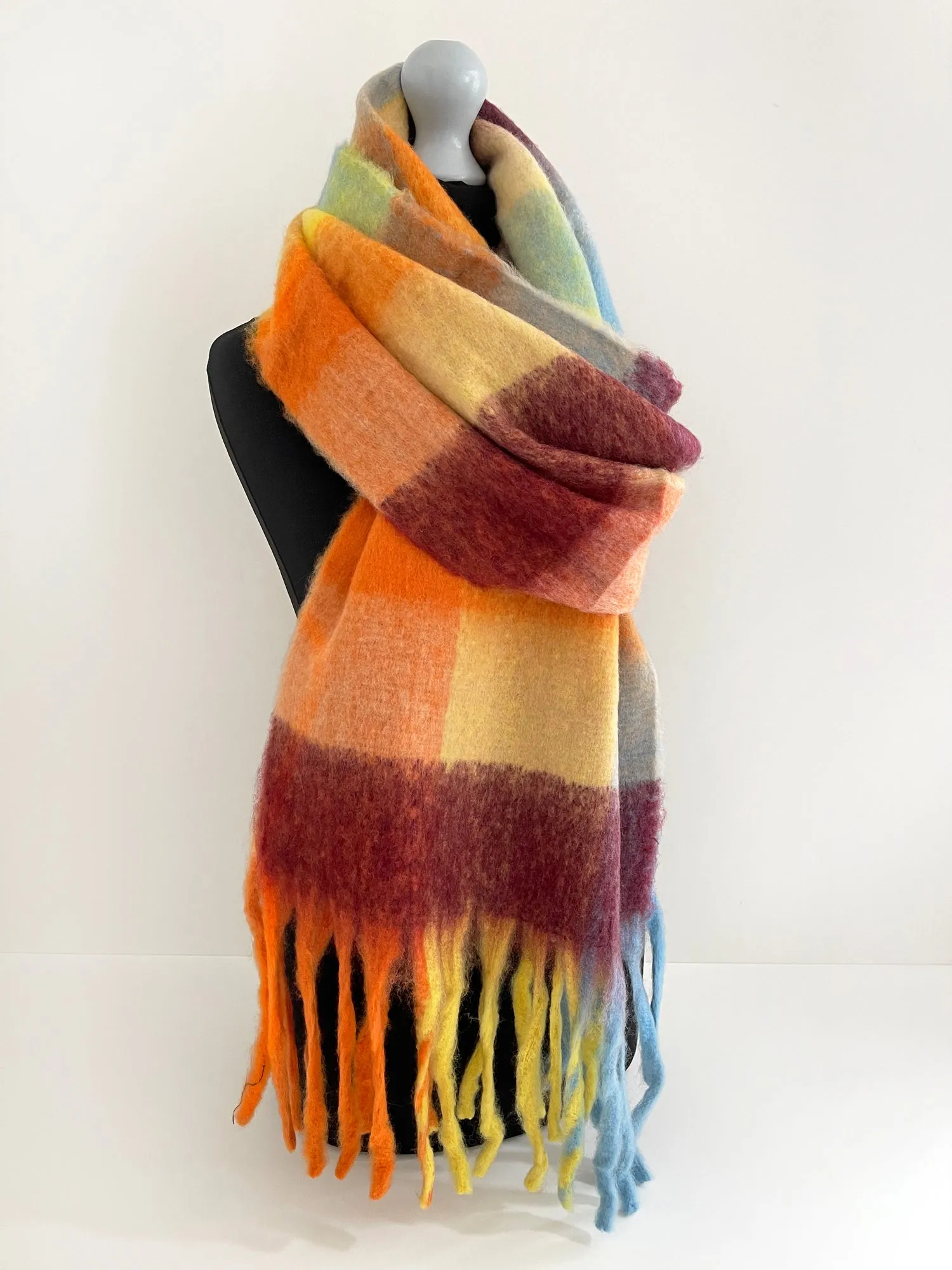 YELLOW CHECKED WOOL RAINBOW BLANKET SCARF OVERSIZED WINTER SHAWL WRAP