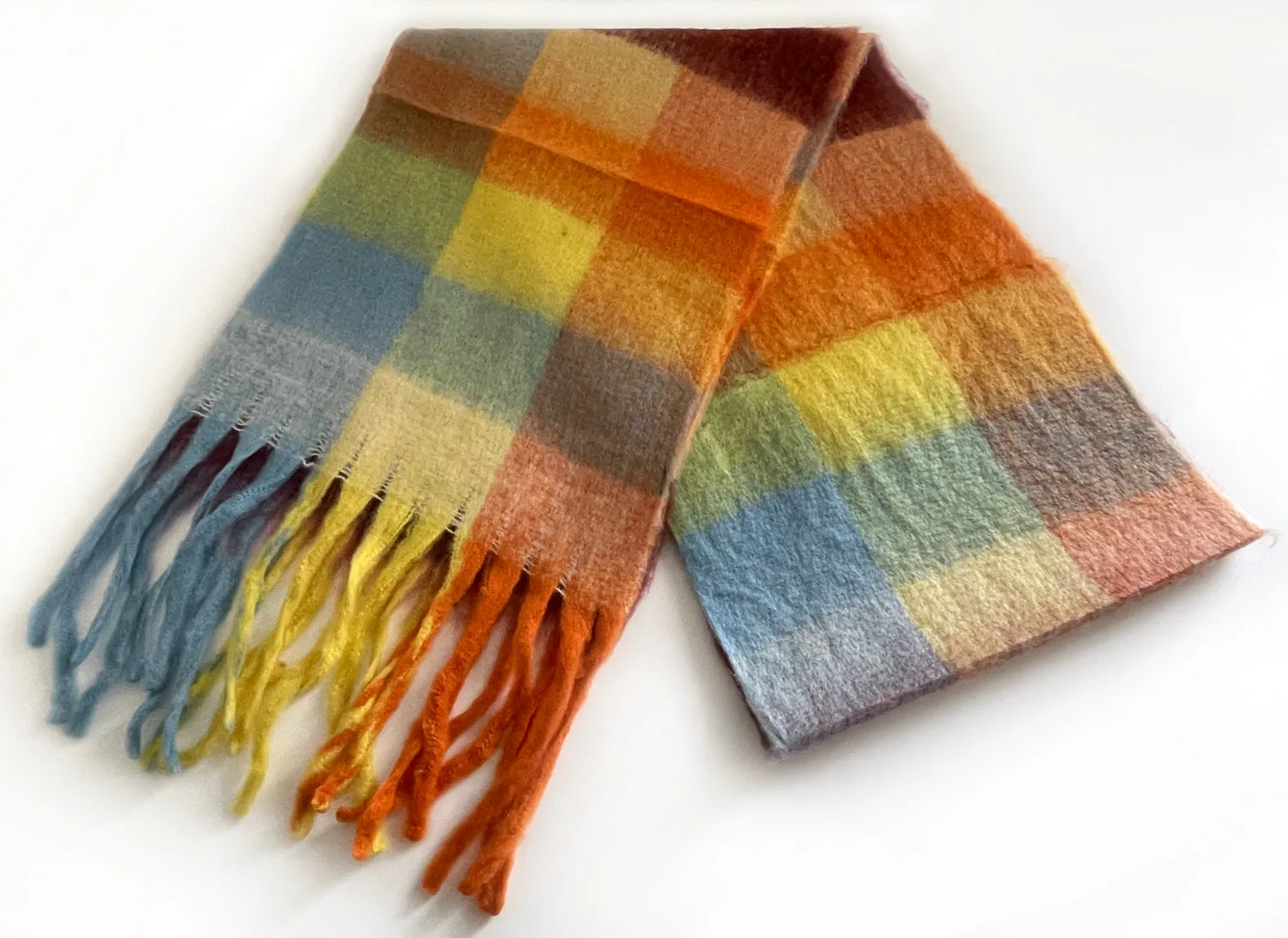 YELLOW CHECKED WOOL RAINBOW BLANKET SCARF OVERSIZED WINTER SHAWL WRAP