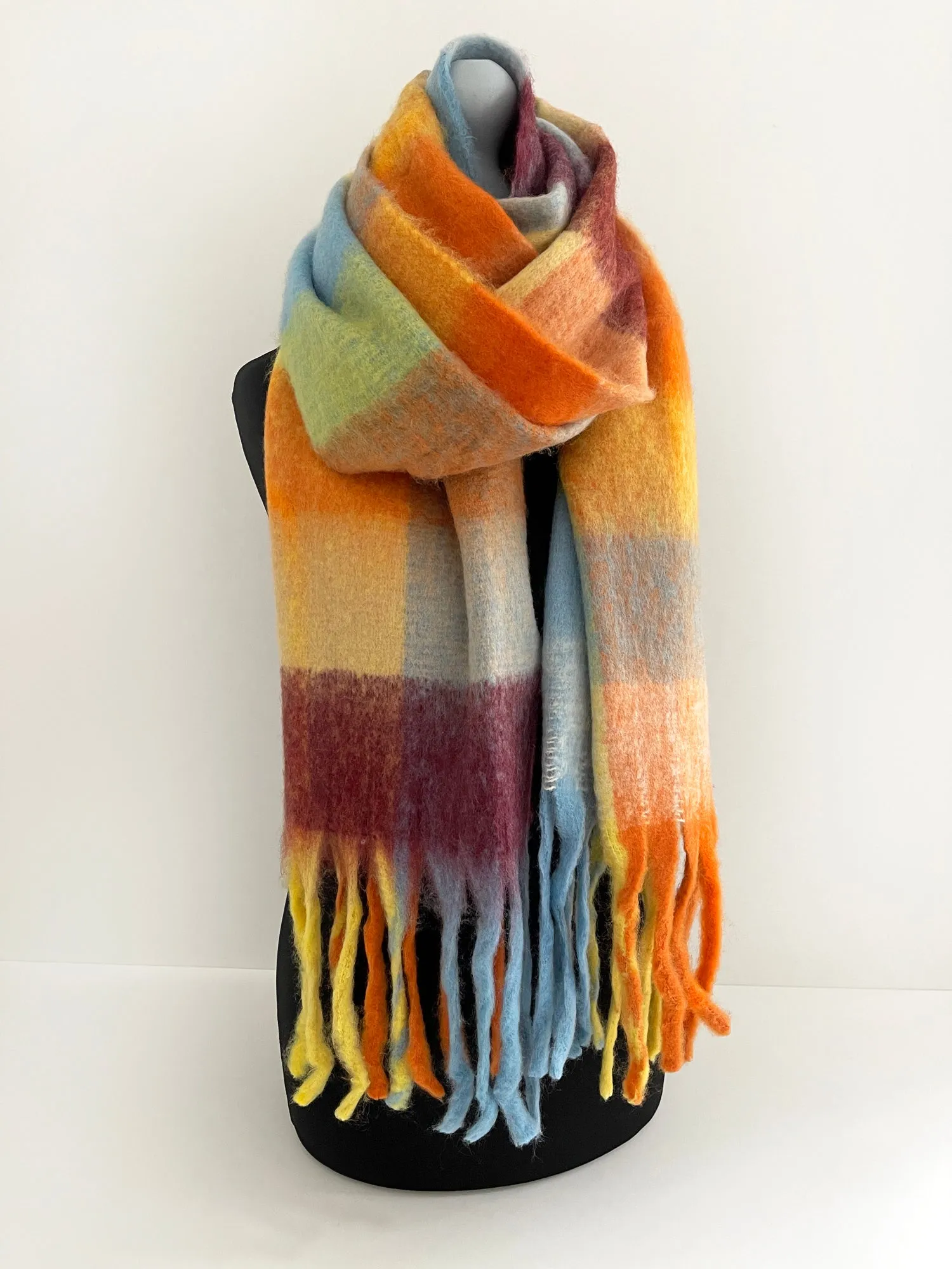 YELLOW CHECKED WOOL RAINBOW BLANKET SCARF OVERSIZED WINTER SHAWL WRAP