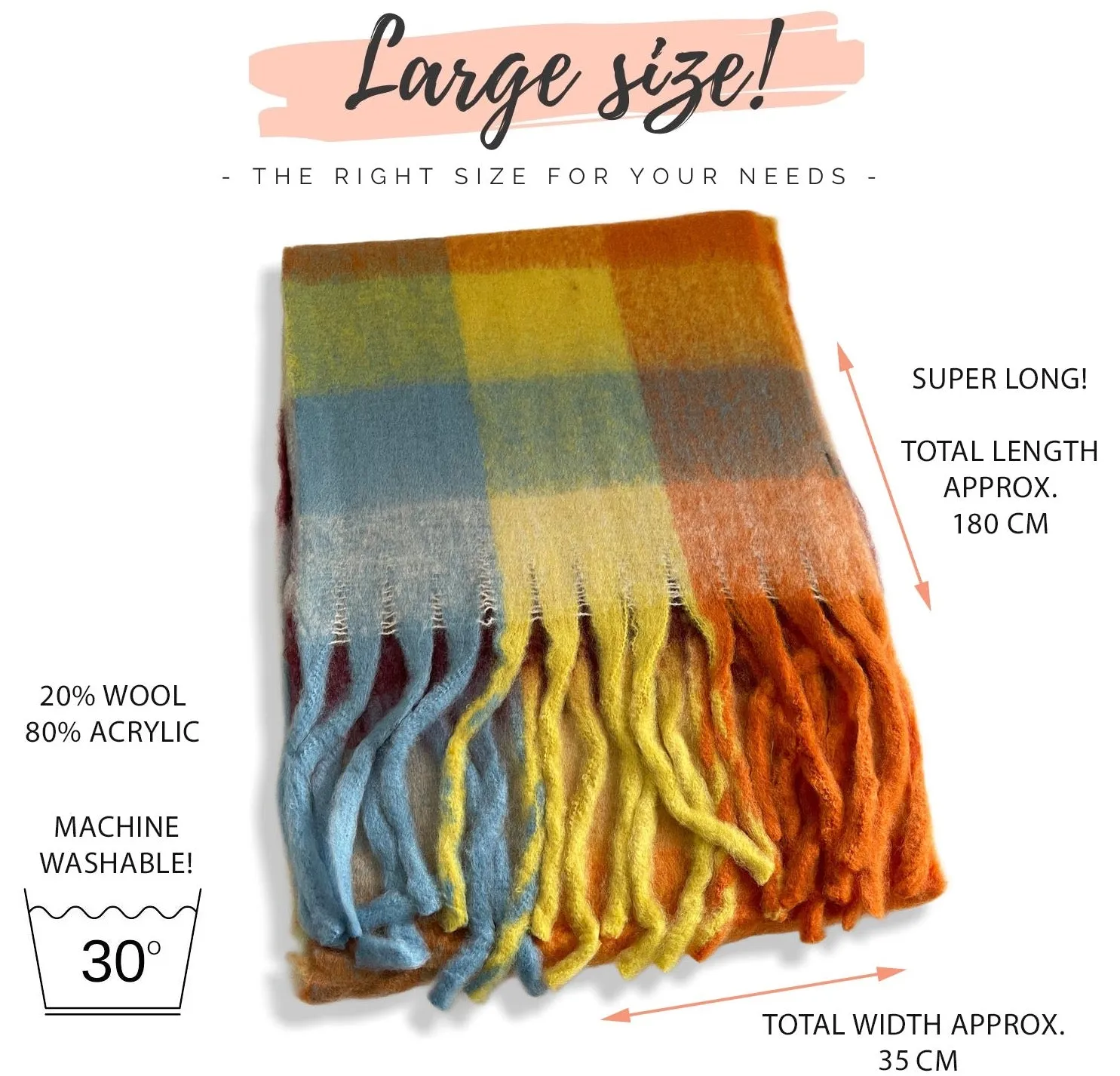 YELLOW CHECKED WOOL RAINBOW BLANKET SCARF OVERSIZED WINTER SHAWL WRAP